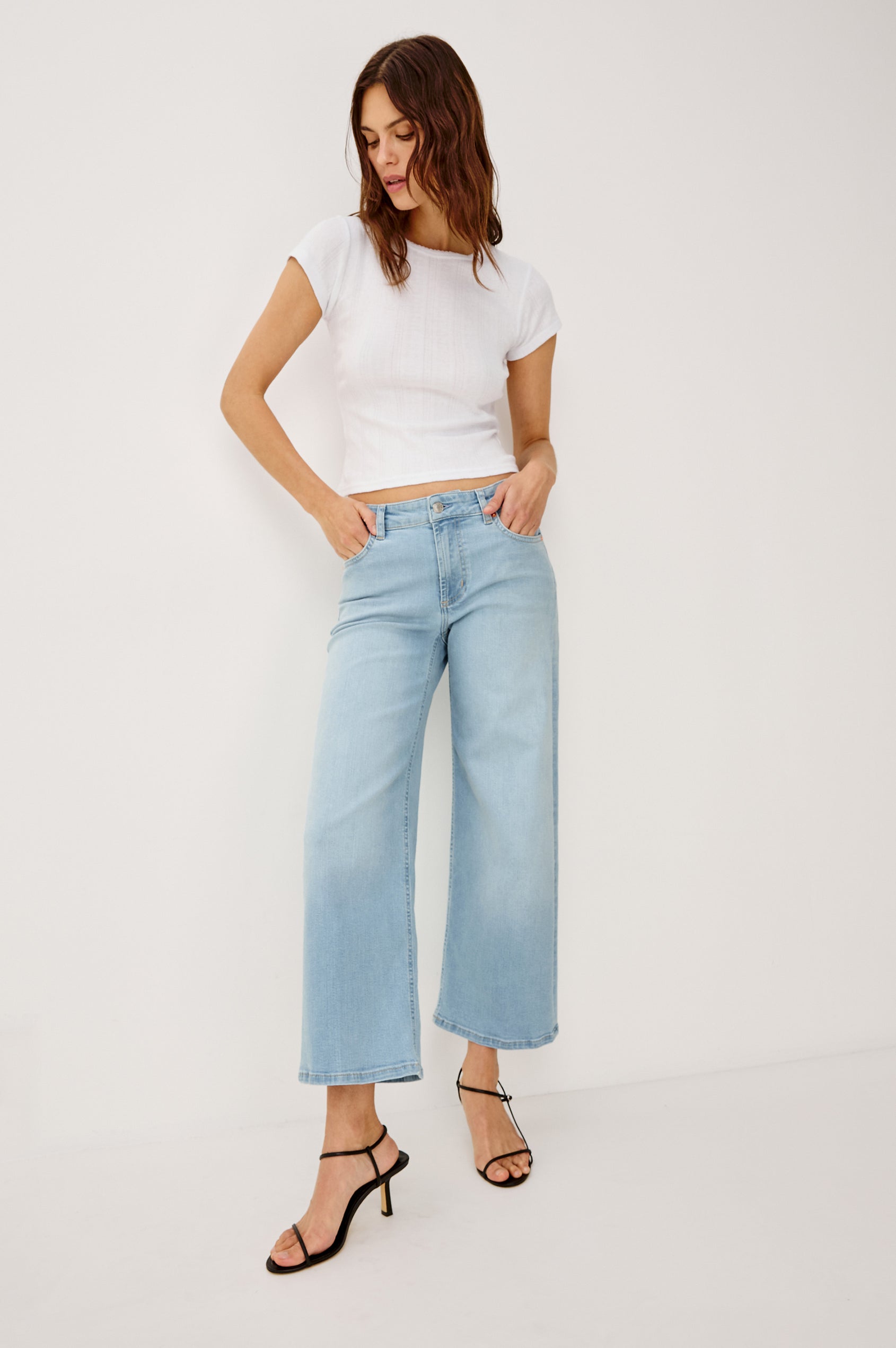 Getty Wide Leg Crop Jean in Light Stretch Denim With Wide Straight Legs, 27″ Inseam, 5-Pockets, and Front Button Fly in Low Rise Seaport Colorway - Full Body Front View Featured on Model