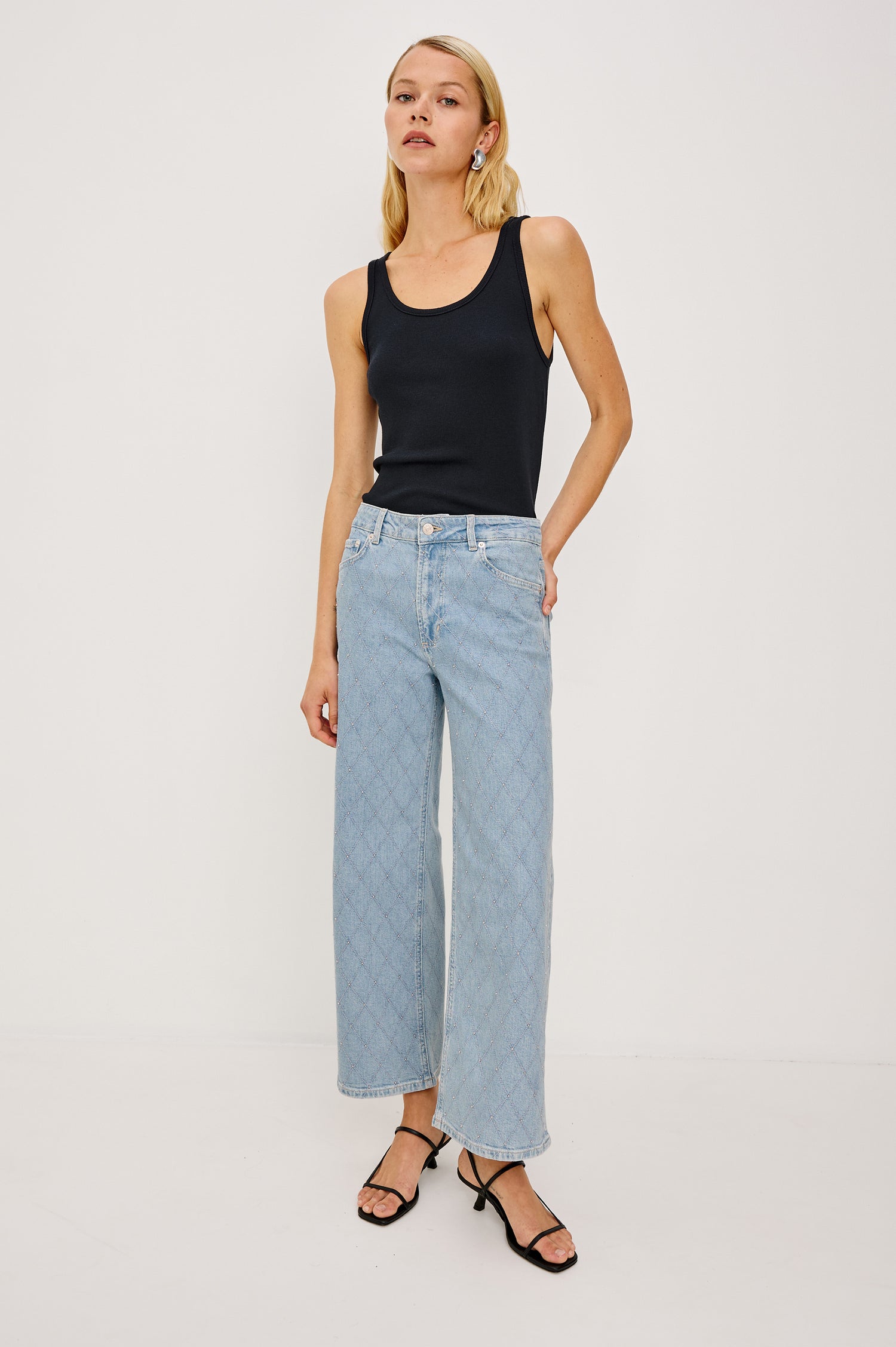 Getty Wide Leg Crop Jean in Light Stretch Denim With Wide Straight Legs, 27″ Inseam, 5-Pockets, and Front Button Fly in Quilted Stud Colorway - Full Body Front View Featured on Model