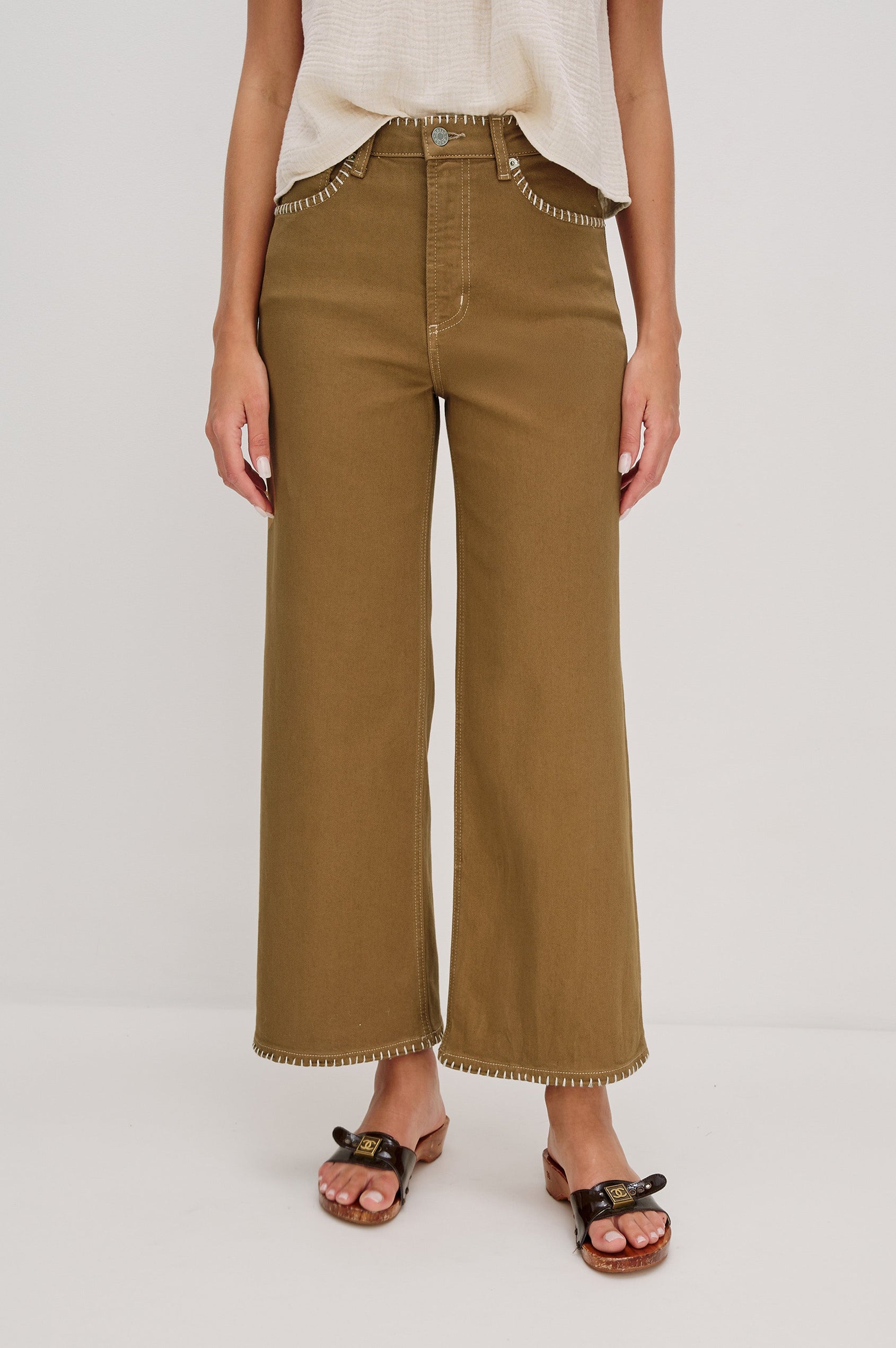 Getty cropped wide leg jean with contrast white blanket stitching in Safari Embroidered Colorway. Front View of Model Shown.