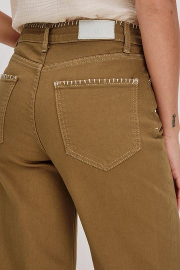 Getty cropped wide leg jean with contrast white blanket stitching in Safari Embroidered Colorway. Back View of Model Shown.