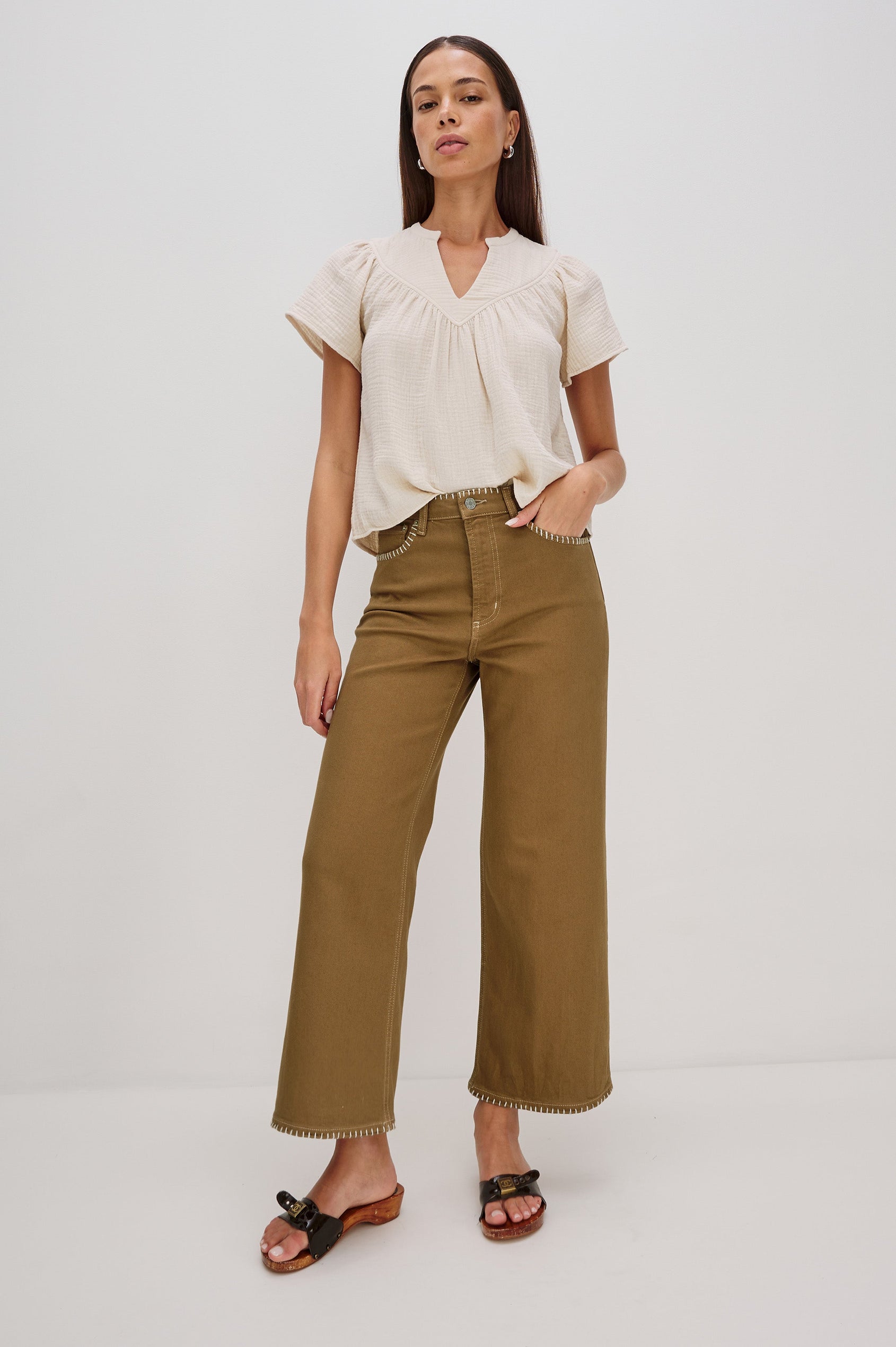 Getty cropped wide leg jean with contrast white blanket stitching in Safari Embroidered Colorway. Full Body Front View of Model Shown.
