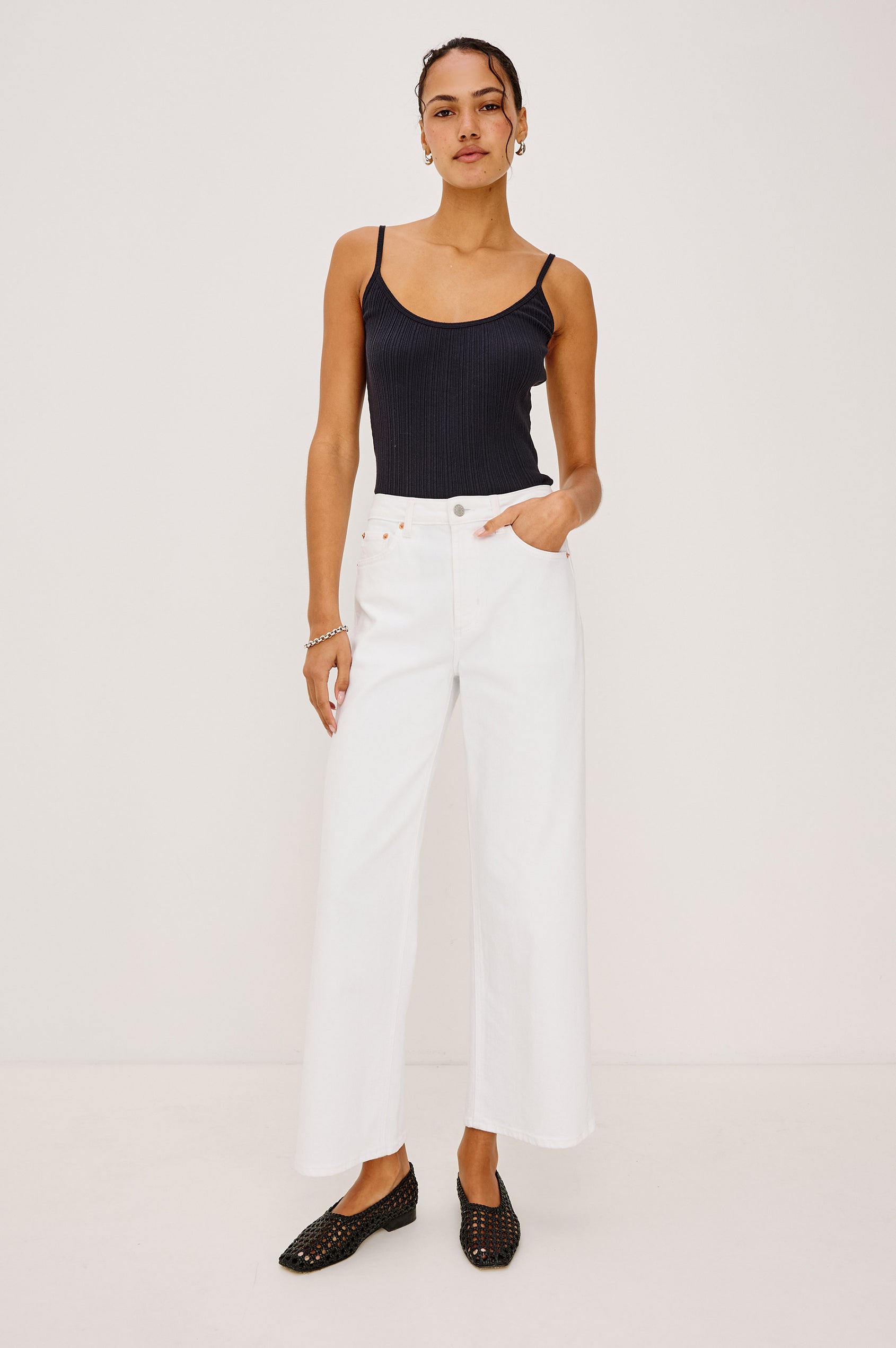 Getty Crop Jean in Light Stretch Denim With Wide Straight Legs, 27″ Inseam, 5-Pockets, and Zip Fly in Salt White Colorway - Full Body Front View Featured on Model