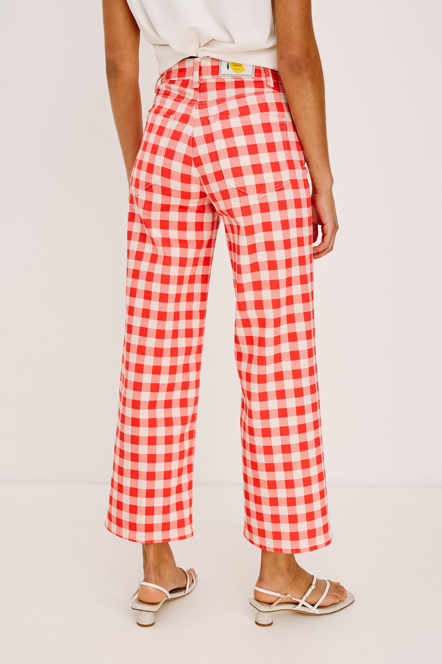 Getty Crop Wide Straight Leg Jean in High Stretch Cotton Denim With High Pinched Waist, 27″ Inseam, Zip Fly, and 5-Pockets in Tomato Gingham Colorway - Lower Body Back View Featured on Model