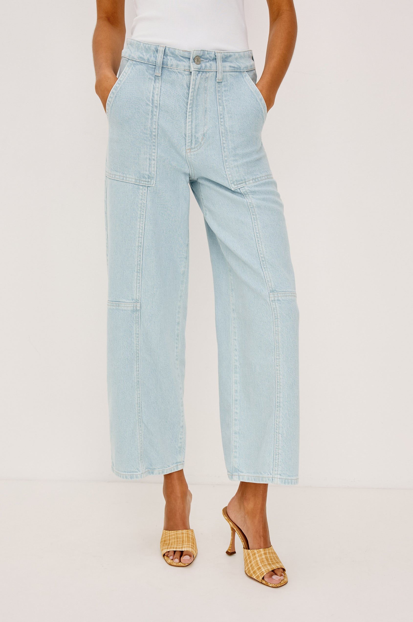 Getty Crop Utility Wide Leg Denim Pants with Belt Loops, Additional Seams, Two large Front Pockets and Two Back Patch Pockets in Oceanview Colorway - Front Full Body View Featured on Model