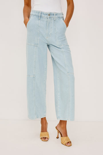 Getty Crop Utility Wide Leg Denim Pants with Belt Loops, Additional Seams, Two large Front Pockets and Two Back Patch Pockets in Oceanview Colorway - Front Full Body View Featured on Model