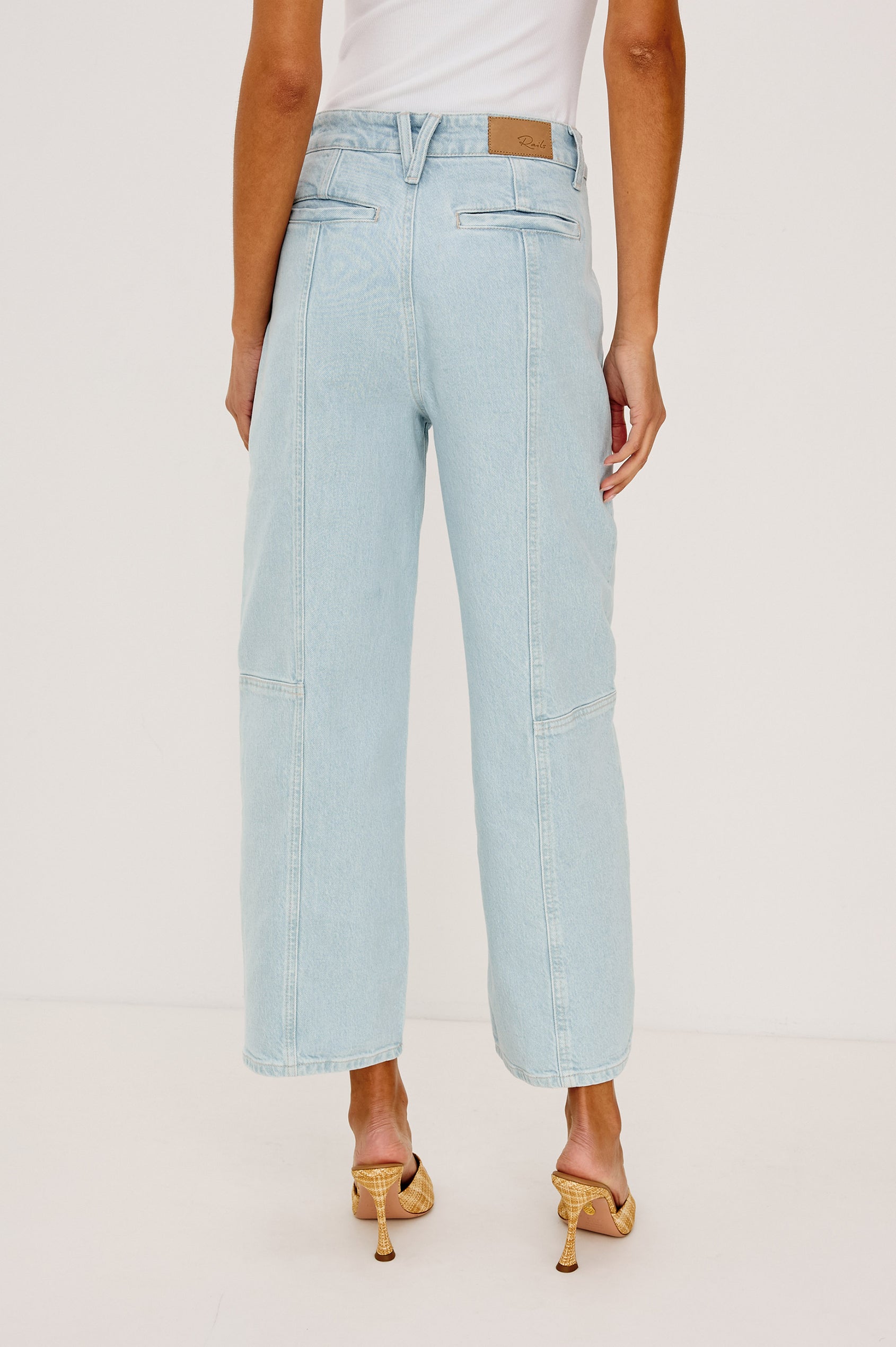 Getty Crop Utility Wide Leg Denim Pants with Belt Loops, Additional Seams, Two large Front Pockets and Two Back Patch Pockets in Oceanview Colorway - Back View Featured on Model