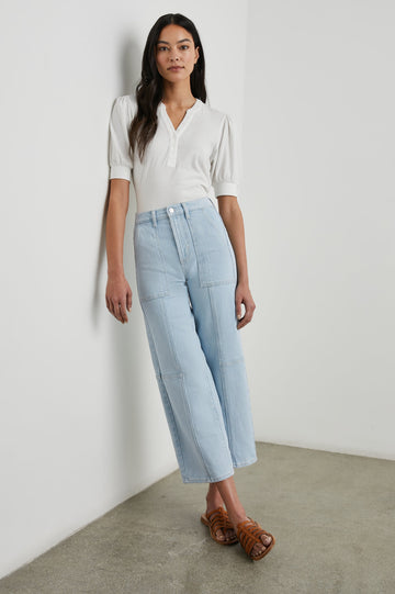 Getty Crop Utility Wide Leg Denim Pants with Belt Loops, Additional Seams, Two large Front Pockets and Two Back Patch Pockets in Oceanview Colorway - Front Full Body View Featured on Model
