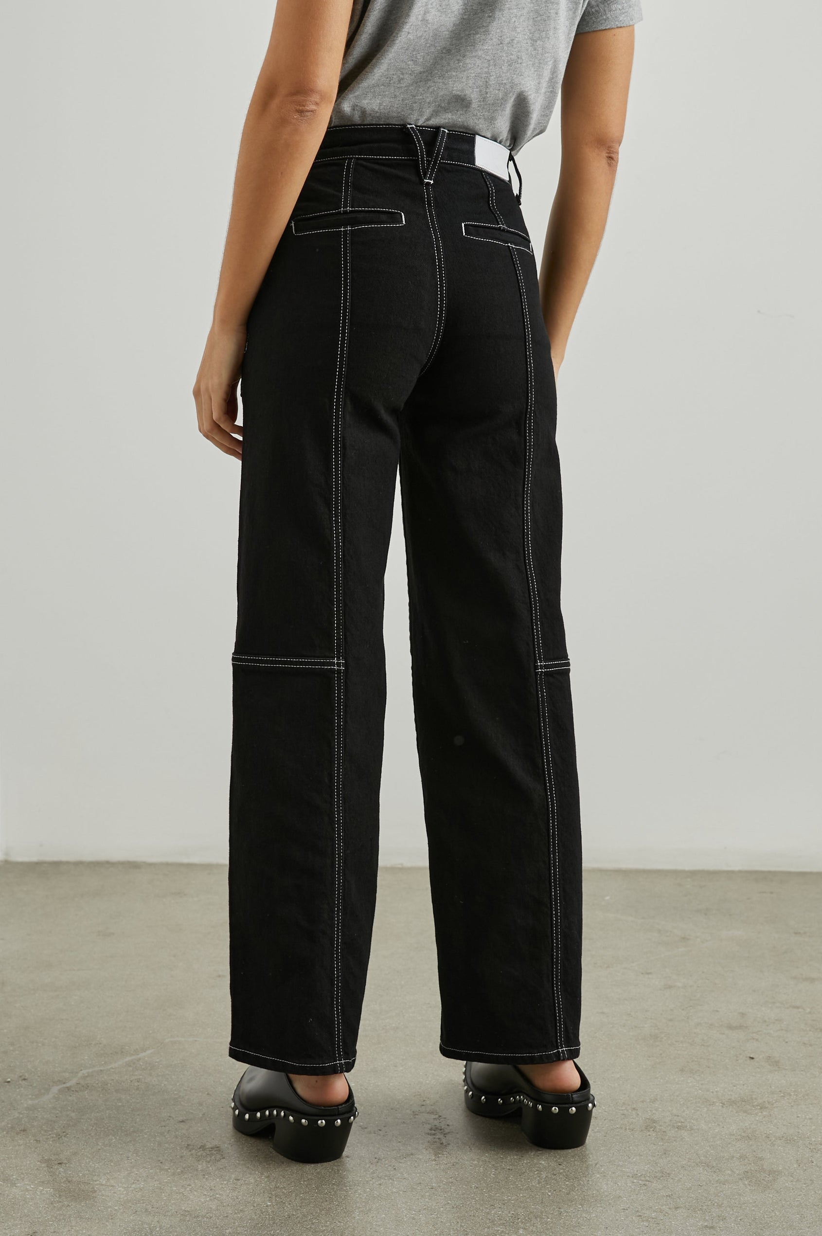 Getty Crop Utility Wide Leg Denim Pants with Belt Loops, Additional Seams, Two large Front Pockets and Two Back Patch Pockets in Orca Colorway, White Stitching along Seams - Back View Featured on Model