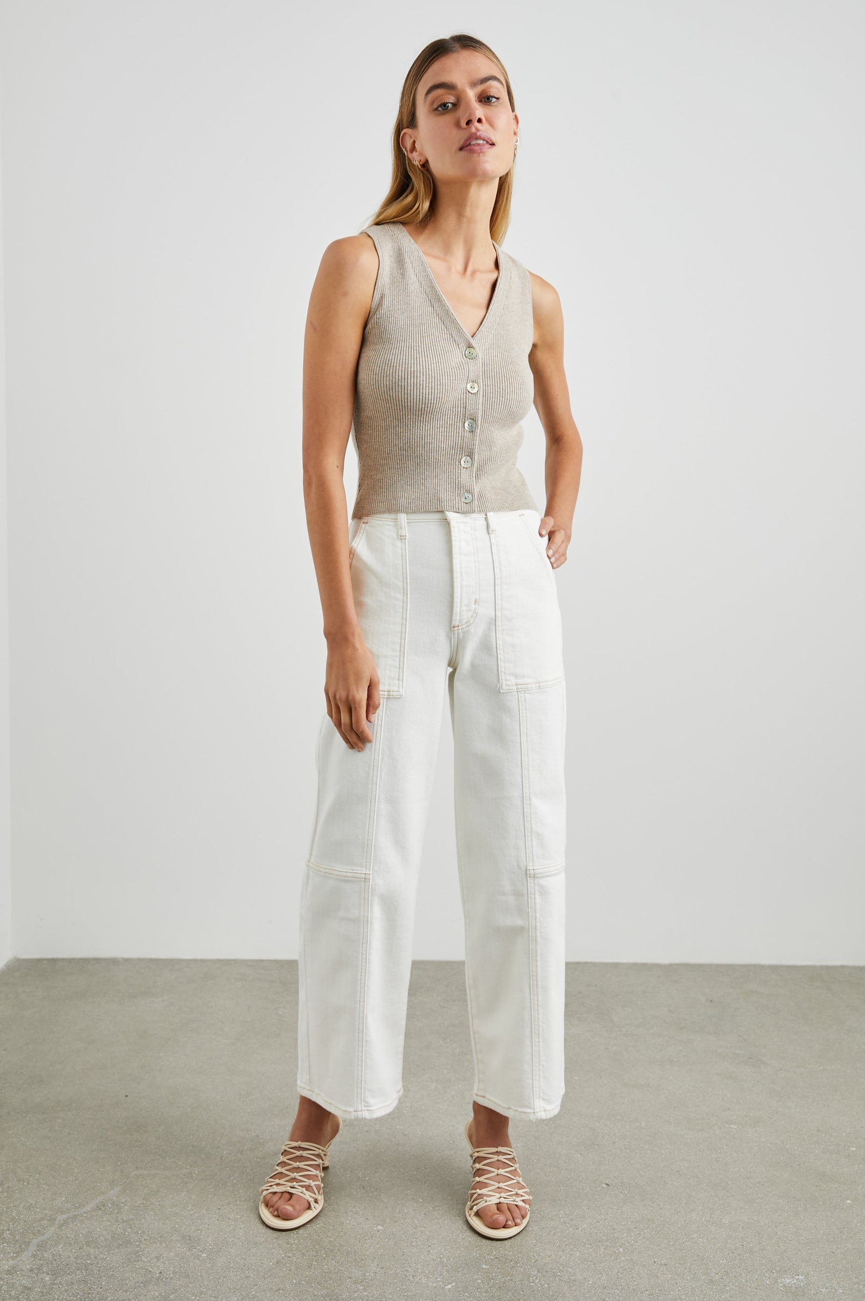 Getty Crop Utility Wide Leg Denim Pants with Belt Loops, Additional Seams, Two large Front Pockets and Two Back Patch Pockets in Vintage Ecru Contrast Stitch Colorway, gold-toned Seam Stitching - Front Full Body View Featured on Model