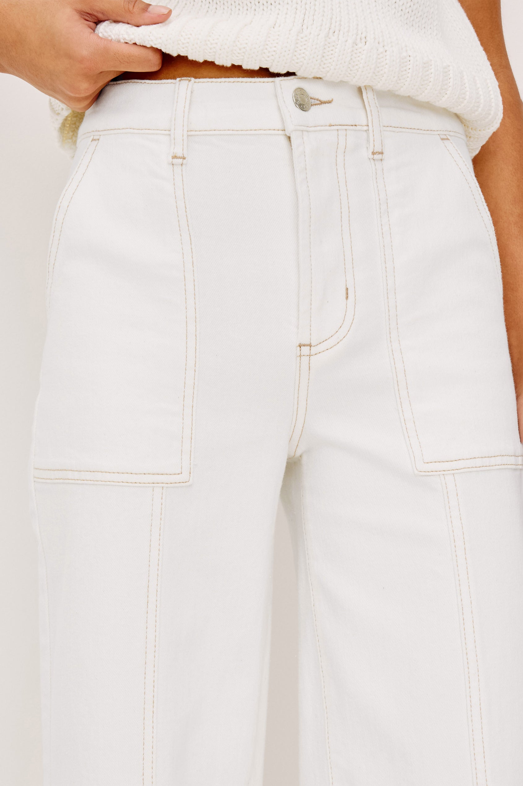 Getty Crop Utility Wide Leg Denim Pants with Belt Loops, Additional Seams, Two large Front Pockets and Two Back Patch Pockets in Vintage Ecru Contrast Stitch Colorway, gold-toned Seam Stitching - Back View Featured on Model