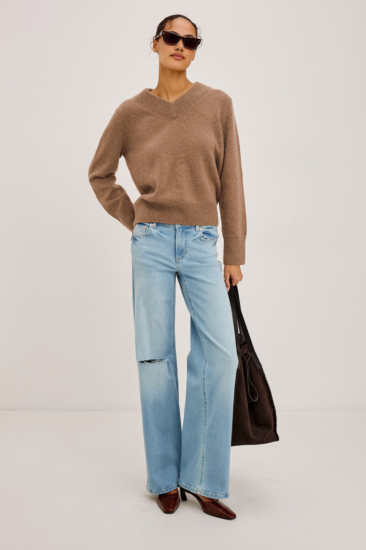 Getty Low Rise Wide Leg Jean in Comfort-stretch Denim With 5-Pockets in Wave Rider Colorway - Full Body Front View Featured on Model