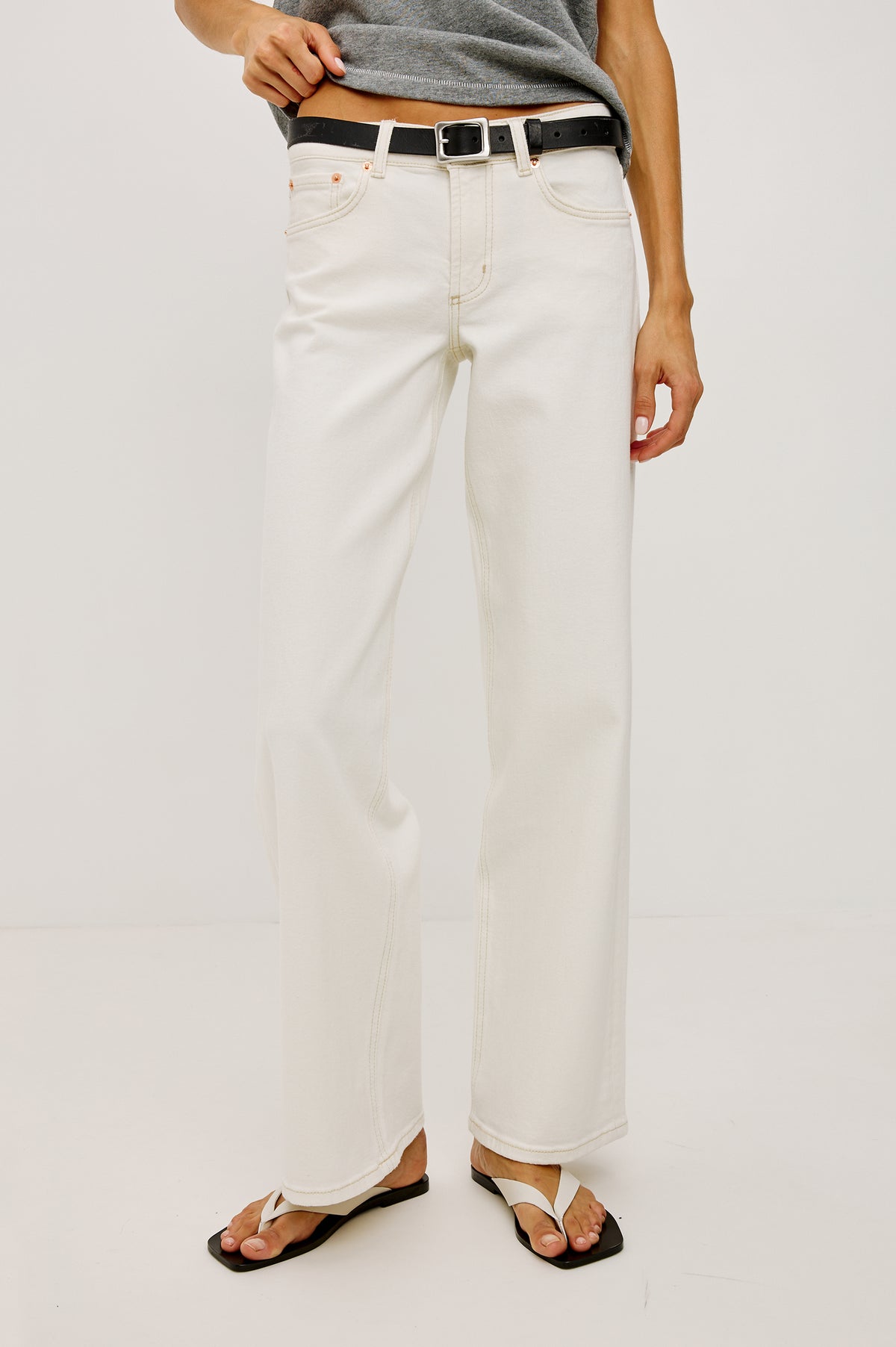 Getty Low Rise Wide Leg Jean in Comfort-stretch Denim With 5-Pockets in Vintage Ecru Colorway - Lower Body Front View Featured on Model