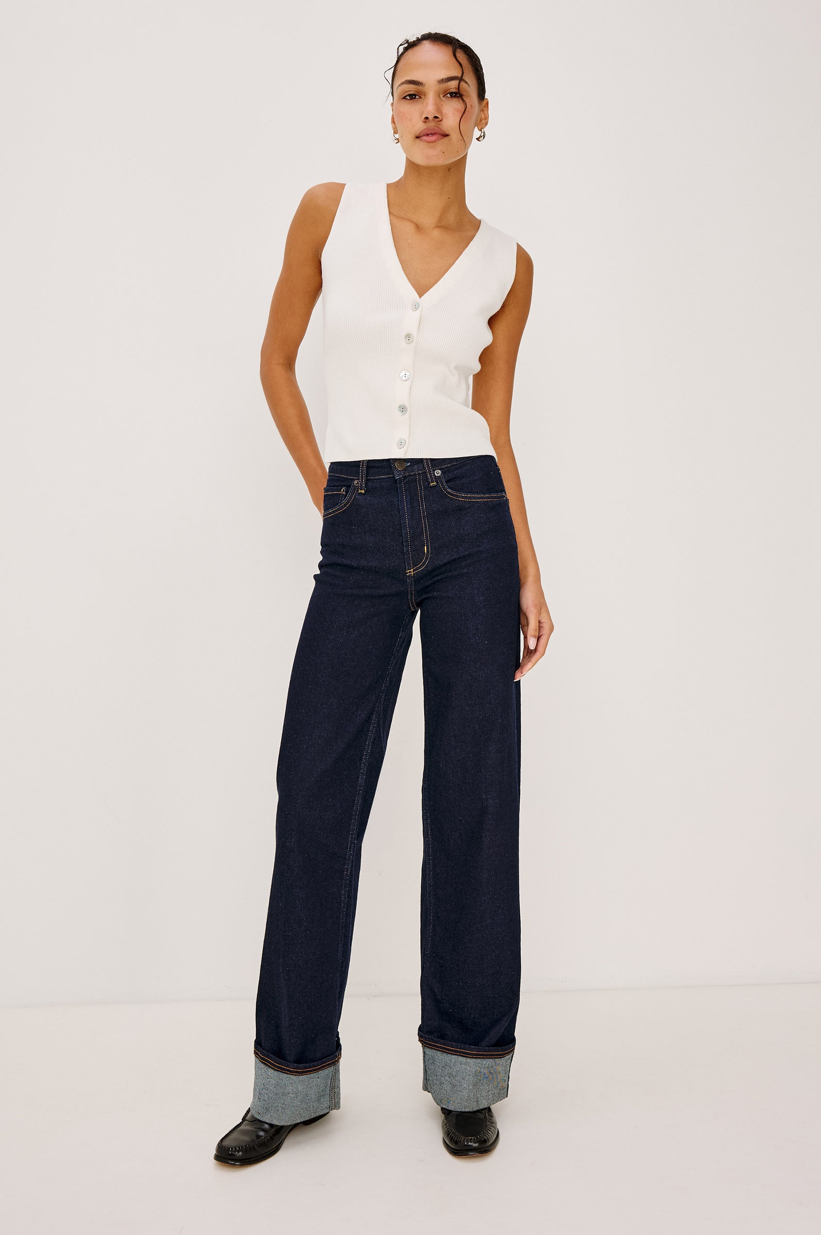 Getty Wide Leg Jean in Light Stretch Denim With High-Rise High-Waisted Fit, Button Fly, and 5-Pockets in Midnight Blues Cuffed Colorway - Full Body Front View Featured on Model