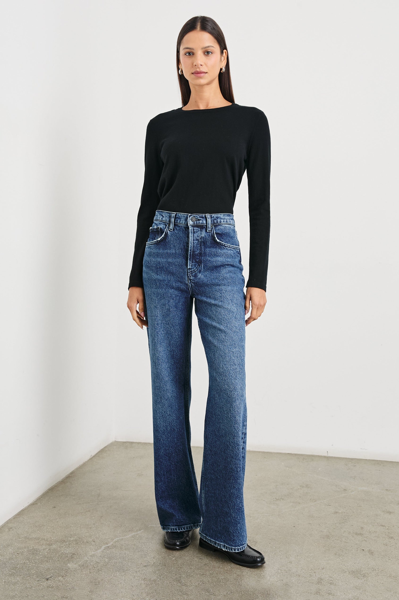 Getty Wide Leg Denim Pants with Belt Loops, Two Front Pockets and Two Back Patch Pockets in Moonlit Ocean Colorway - Front Full Body View Featured on Model
