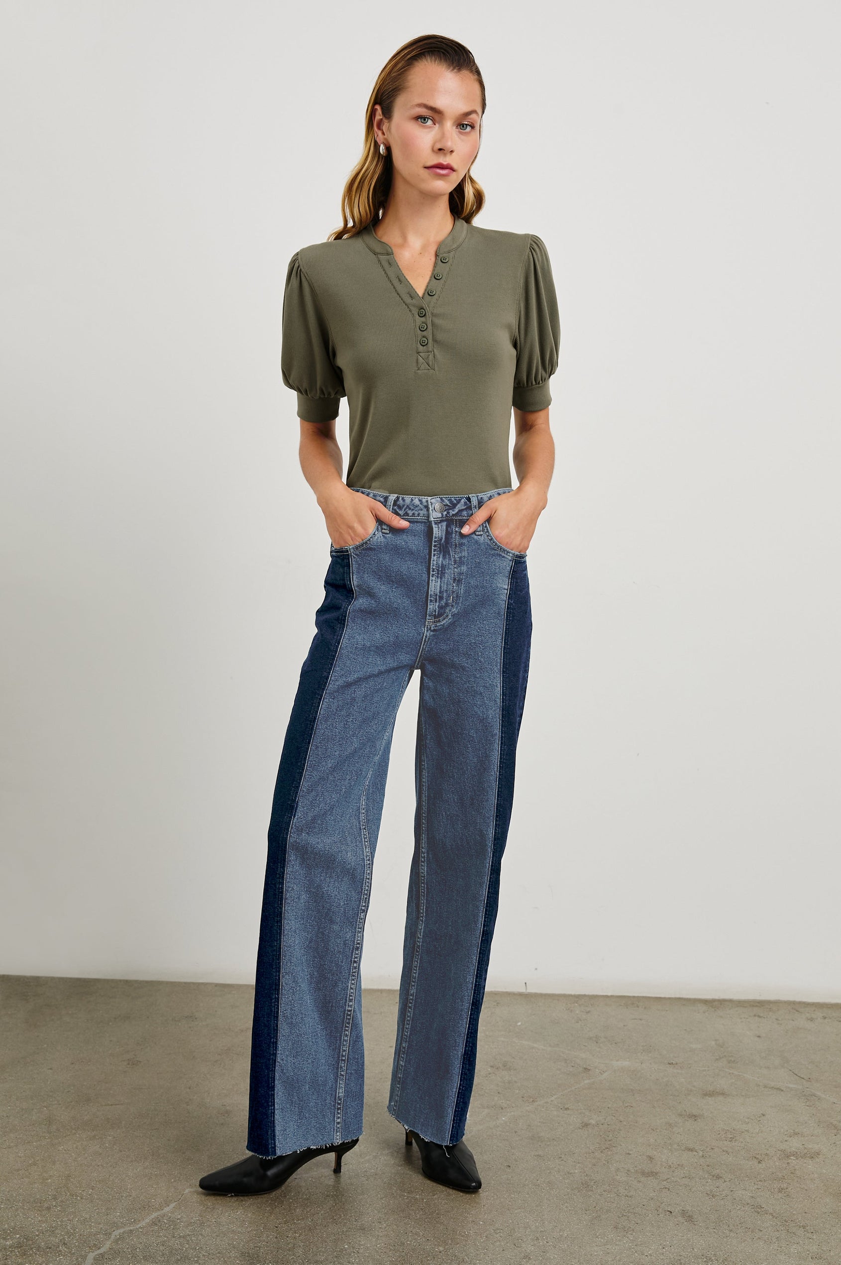 Getty Paneled Wide Leg Denim Pants with Vertical darker Panels along the Outer Sides, Belt Loops, Two Front Pockets and Two Back Patch Pockets in Twilight Shadow Colorway - Front Full Body View Featured on Model
