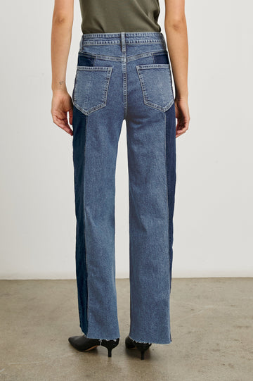 Getty Paneled Wide Leg Denim Pants with Vertical darker Panels along the Outer Sides, Belt Loops, Two Front Pockets and Two Back Patch Pockets in Twilight Shadow Colorway - Back View Featured on Model