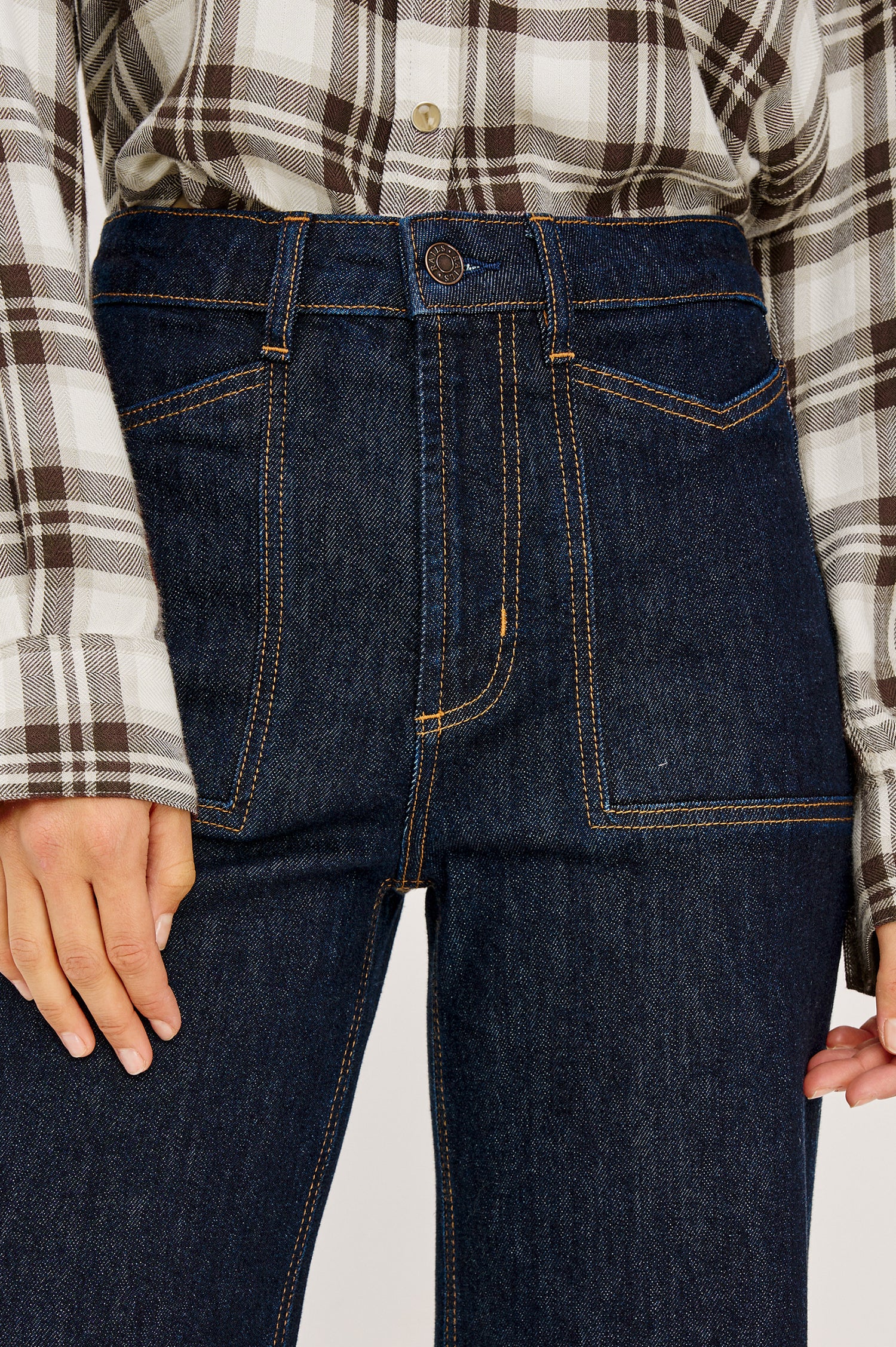Getty Wide Leg Jean in Comfort Stretch Denim With High-Rise, Patch Pockets, Zipper Fly, and Extended Inseam in Wild West Colorway - Mid Body Front View Featured on Model