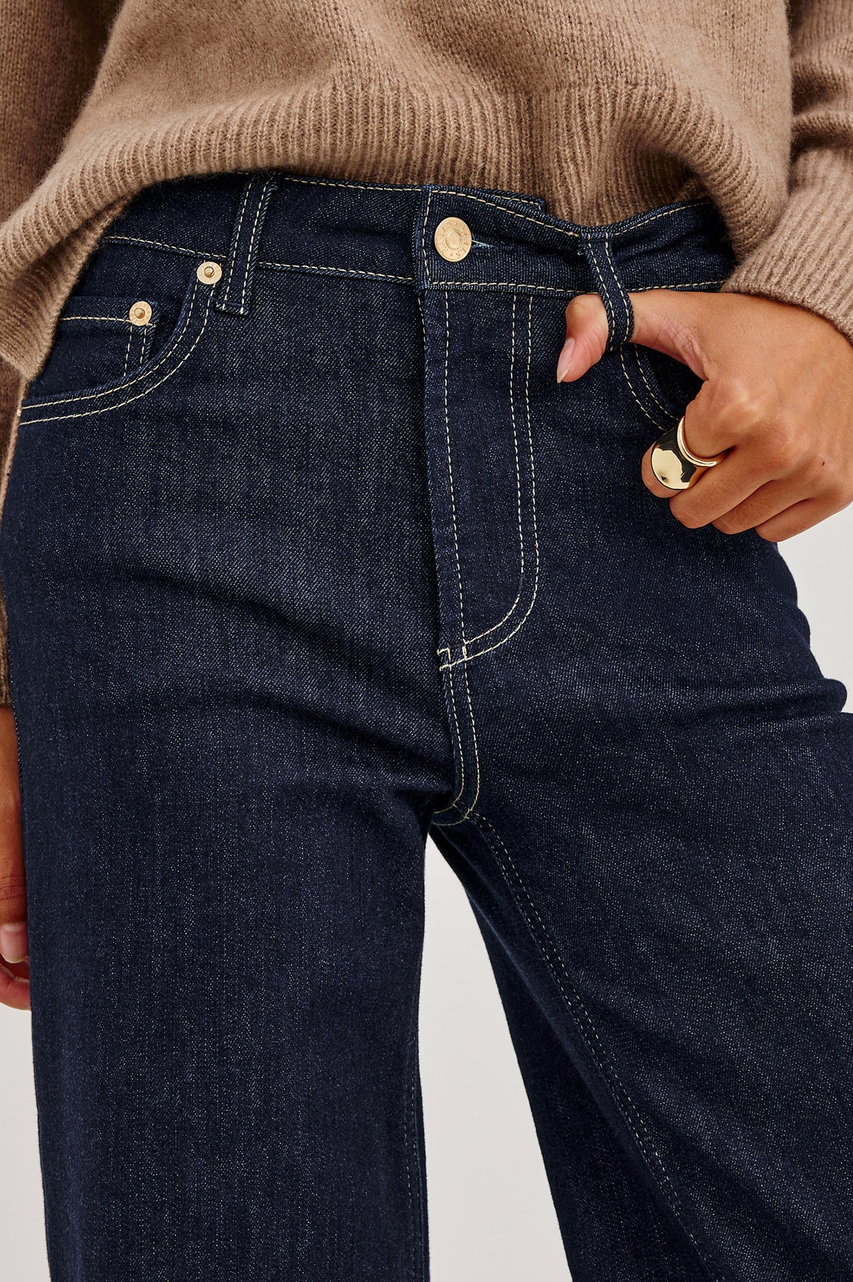Getty Petite Wide Leg Jean in Light Comfort-Stretch Denim With High-Rise, 5-Pockets, and Zipper Fly in After Hours Colorway - Mid Body Front Close Up View Featured on Model