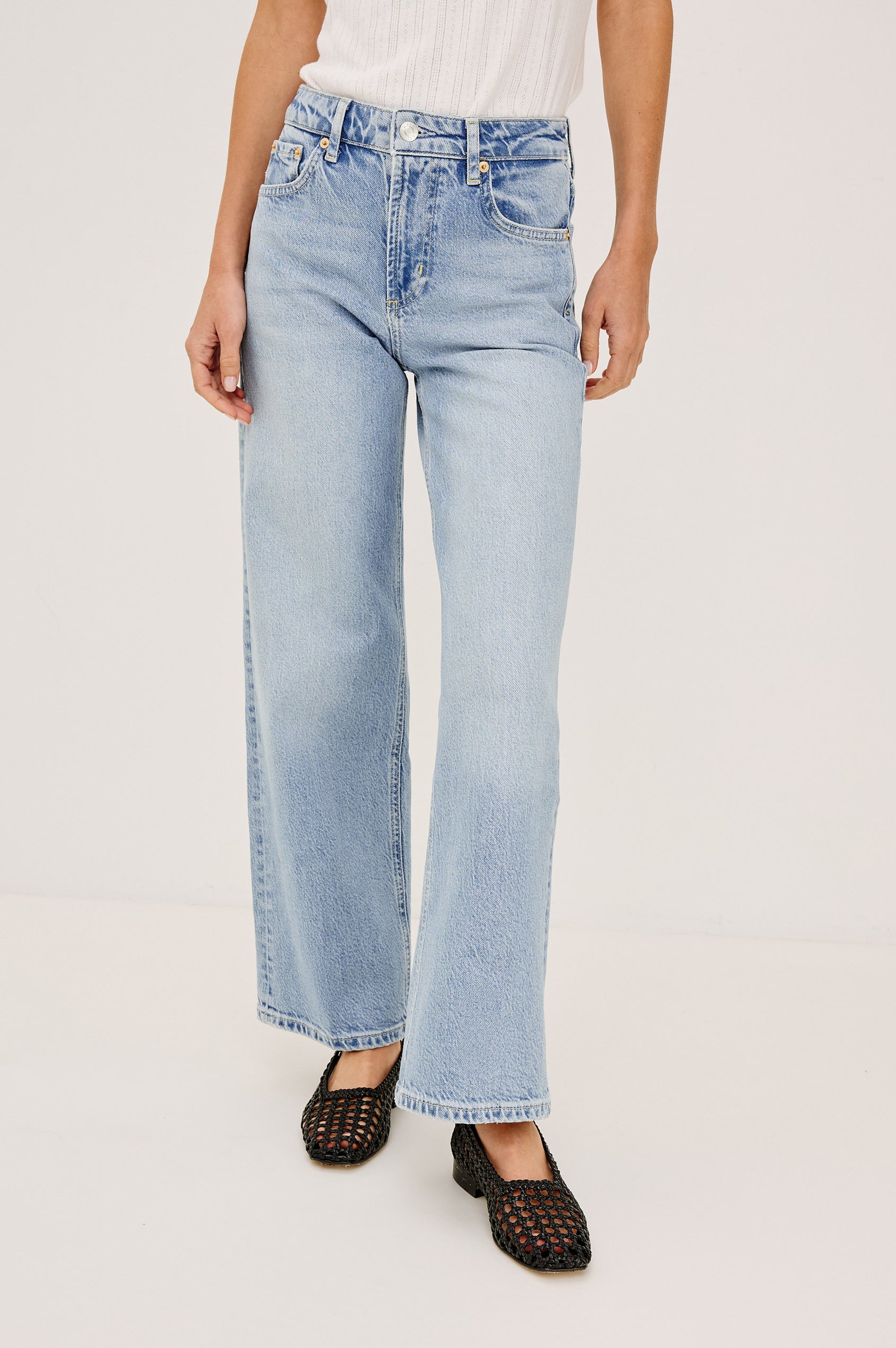 Getty Petite Wide Leg Denim Pants with Belt Loops, Two Front Pockets and Two Back Patch Pockets in Jasper Colorway - Front View Featured on Model