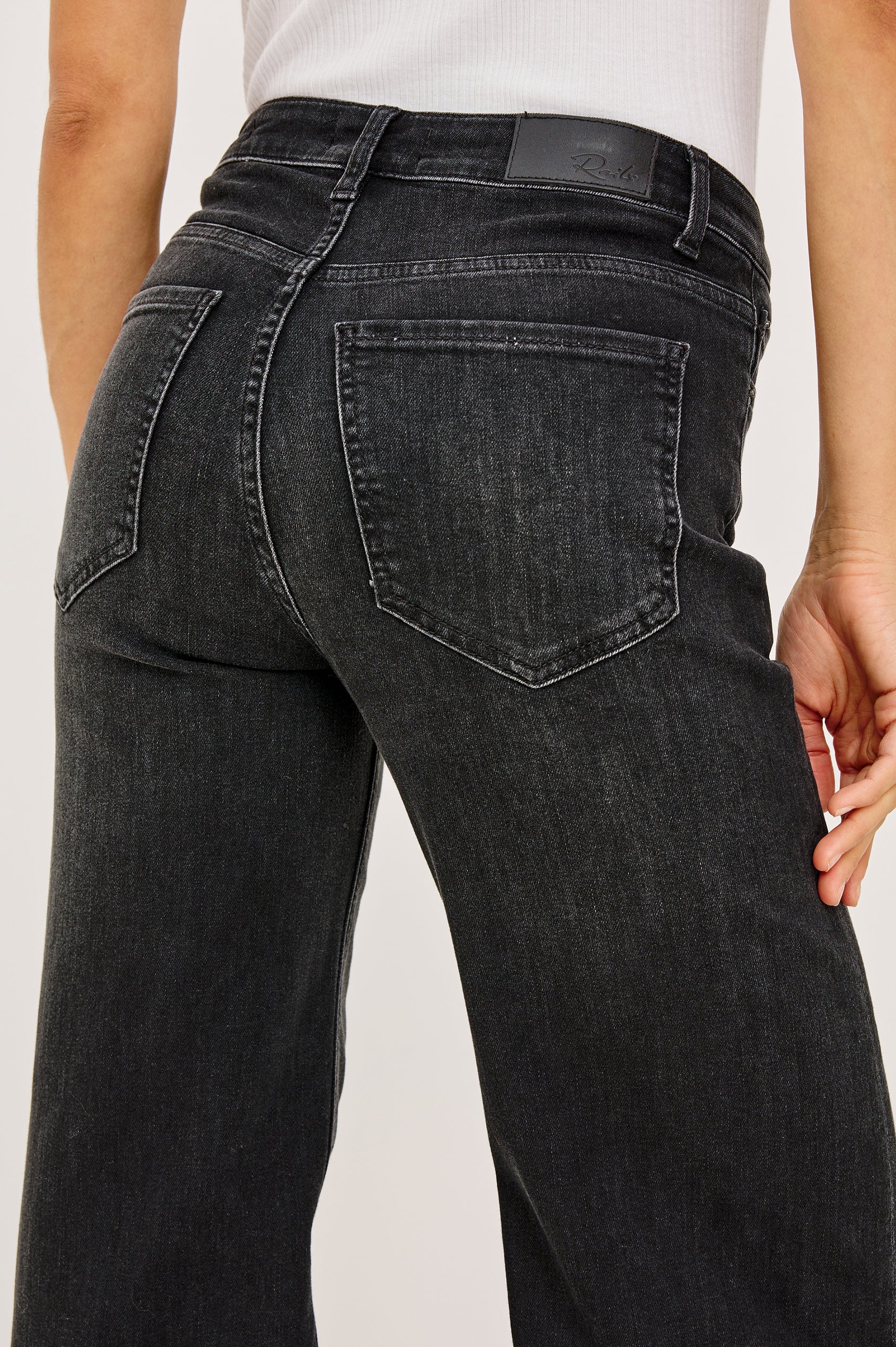 Getty Wide Leg Jean in Light Stretch Denim With 5-Pockets in Vintage Black Colorway - Detailed Back View Featured on Model