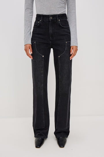 Getty Wide Leg Jean in Denim With High-Rise High-Waisted Fit, Front Button Fly, Carpenter Leg Panels, and 5-Pocket Styling in Onyx Colorway - Lower Body Front View Featured on Model