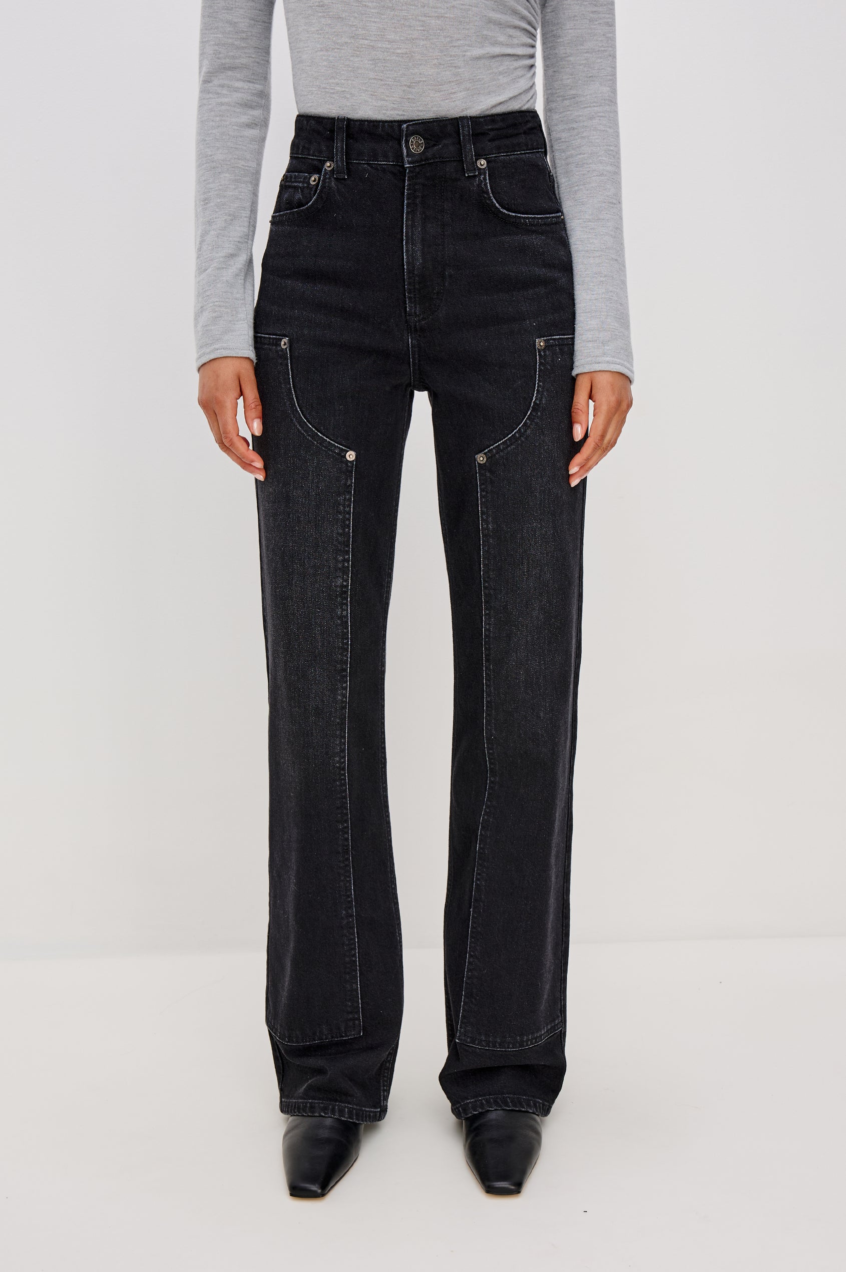 Getty Wide Leg Jean in Denim With High-Rise High-Waisted Fit, Front Button Fly, Carpenter Leg Panels, and 5-Pocket Styling in Onyx Colorway - Lower Body Front View Featured on Model