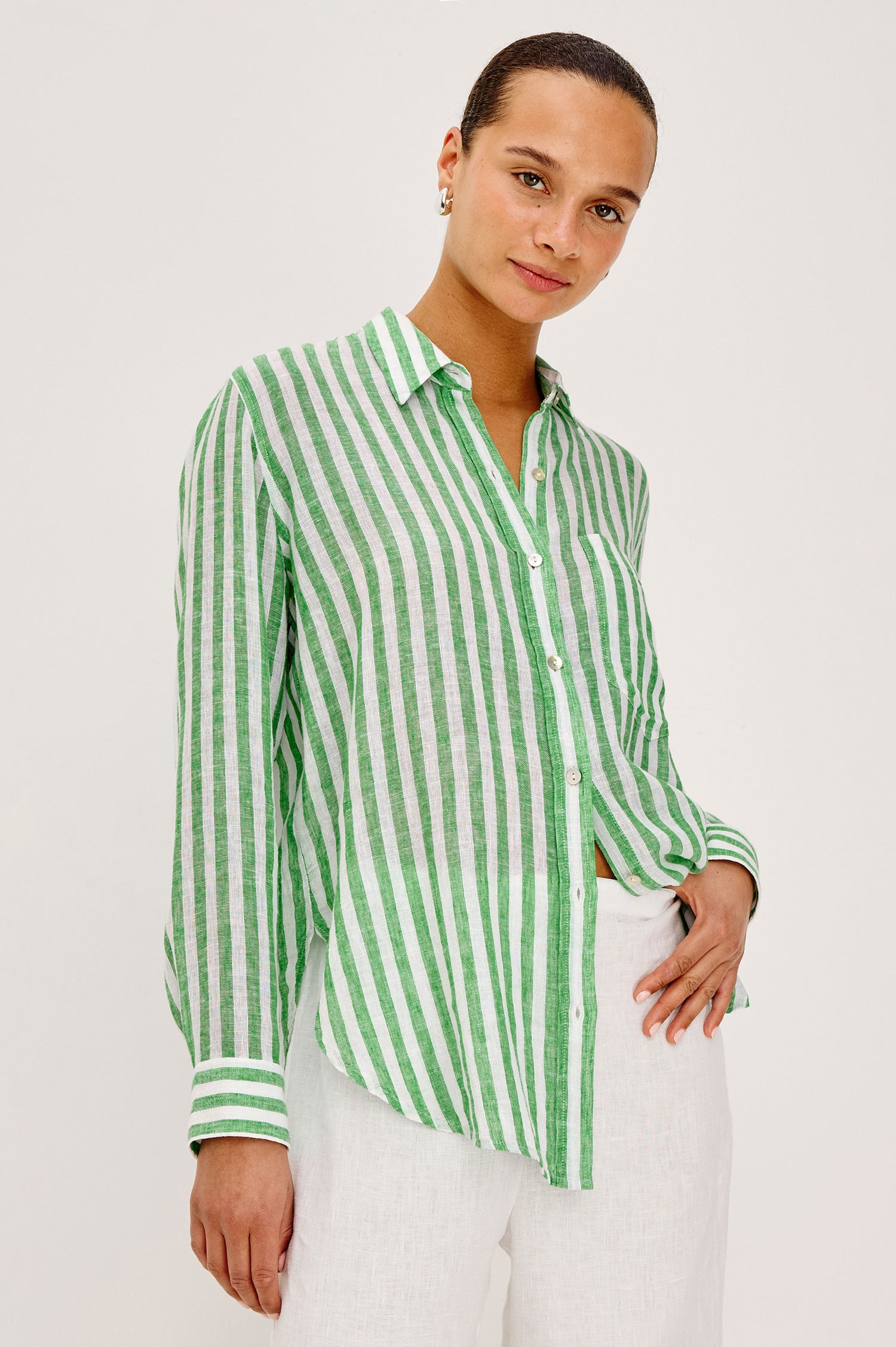 Giada Shirt in Linen Blend With Relaxed Fit, Collar, Front Buttons, and Long Sleeves in Trevi Stripe Colorway - Upper Body Front View Featured on Model