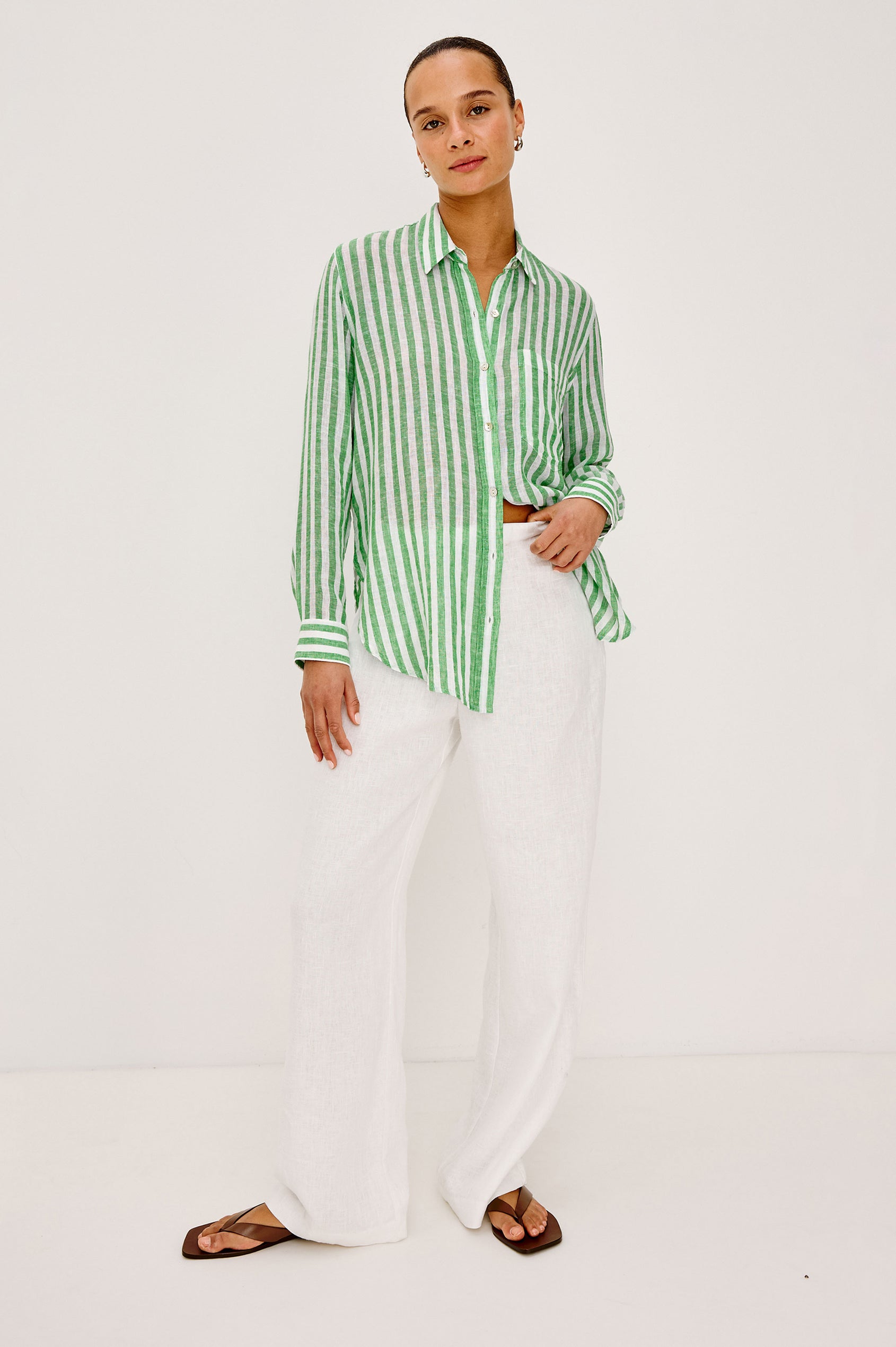 Giada Shirt in Linen Blend With Relaxed Fit, Collar, Front Buttons, and Long Sleeves in Trevi Stripe Colorway - Full Body Front View Featured on Model