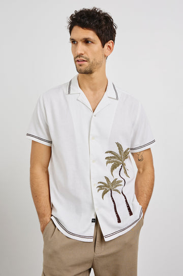 Gibson Collared Button Front Shirt with Short Sleeves, embroidered detail and Contrast Brown Stitching in White Brown Palm Colorway. Front View Shown on Model.