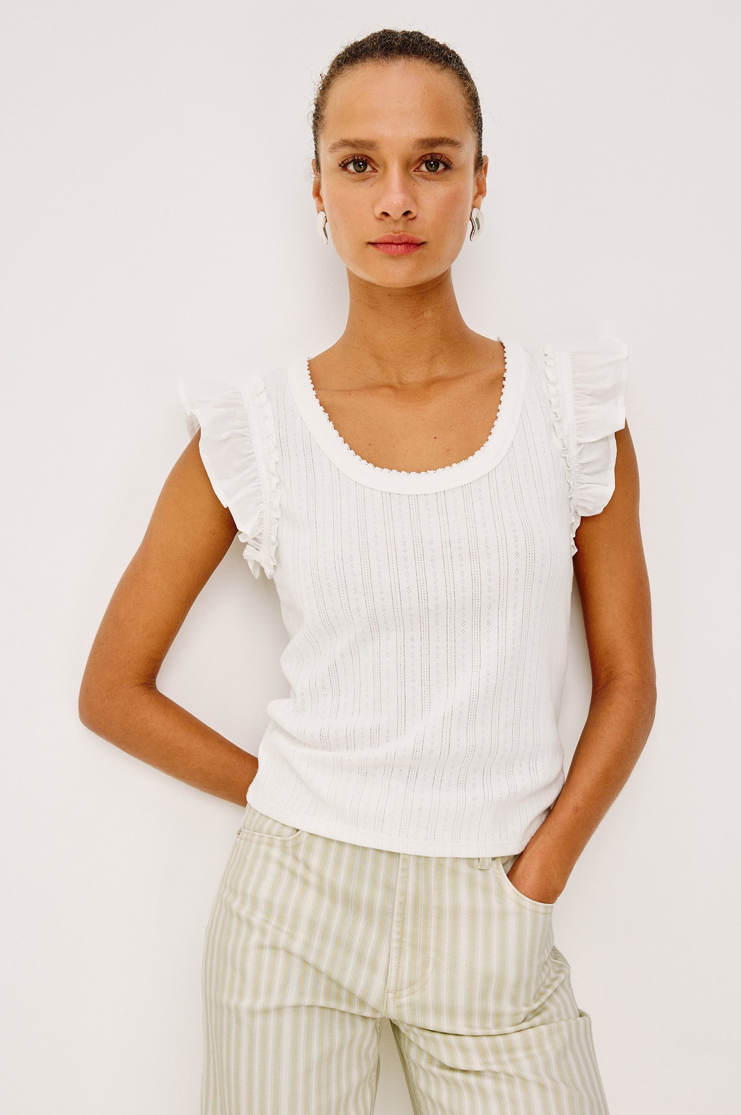 Giovanna Top in Pointelle With Scoop Neckline and Flutter Sleeves in White Colorway - Upper Body Front View Featured on Model