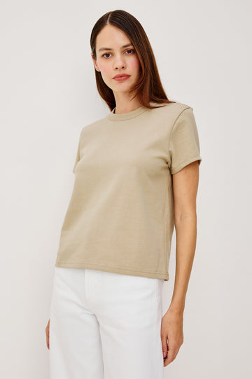 Girlfriend Pleated Jersey Tee With Crew Neckline, Short Sleeves, and Relaxed Slightly-Boxy Fit in Dune Colorway - Upper Body View Featured on Model