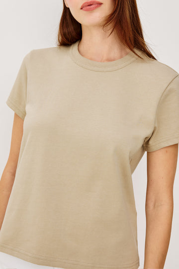 Girlfriend Pleated Jersey Tee With Crew Neckline, Short Sleeves, and Relaxed Slightly-Boxy Fit in Dune Colorway - Upper Body View Featured on Model