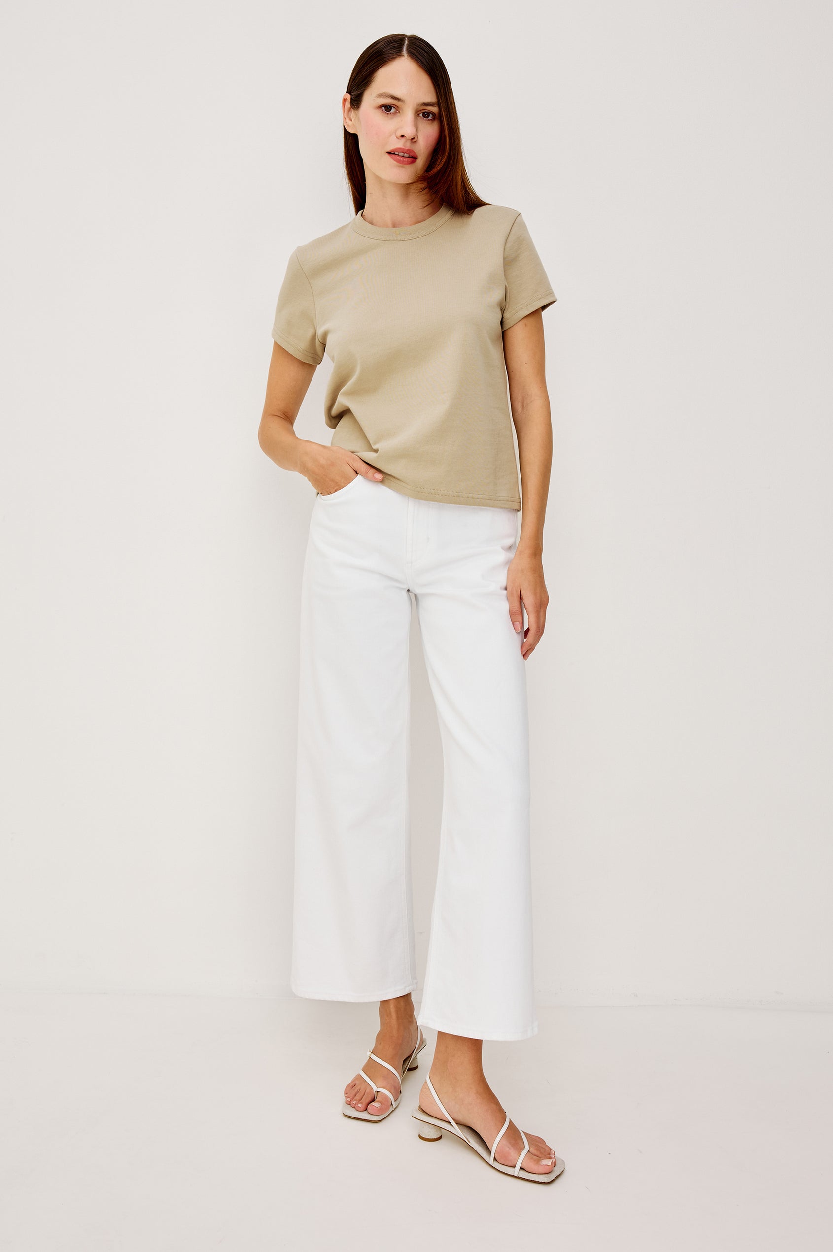 Girlfriend Pleated Jersey Tee With Crew Neckline, Short Sleeves, and Relaxed Slightly-Boxy Fit in Dune Colorway - Upper Body View Featured on Model