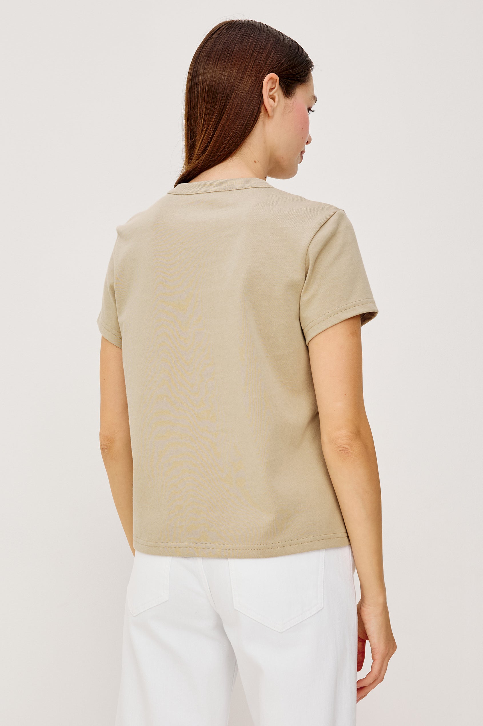 Girlfriend Pleated Jersey Tee With Crew Neckline Short Sleeves and Relaxed Slightly-Boxy Fit in Dune Colorway - Upper Body View Featured on Model
