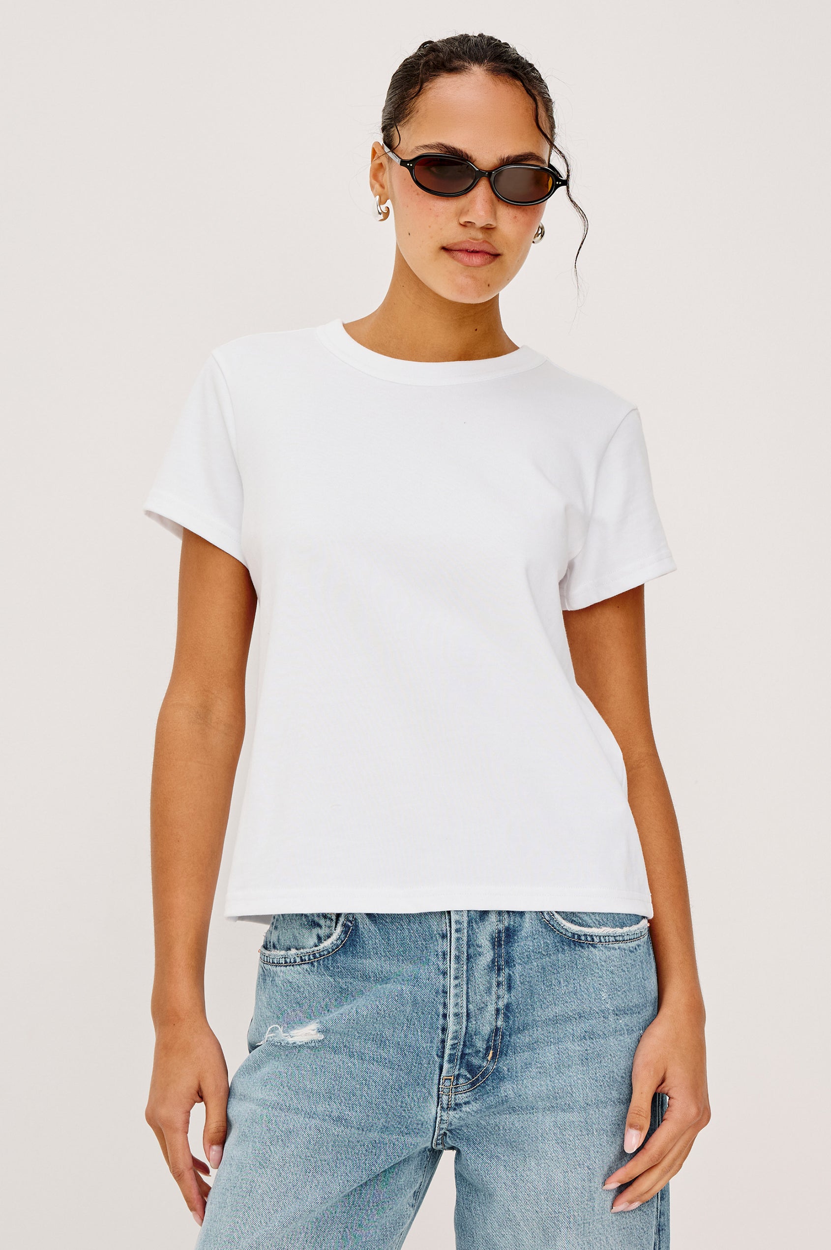 Girlfriend T-Shirt in Pleated Jersey With Slightly Boxy, Cropped Silhouette in White Colorway - Upper Body Front View Featured on Model