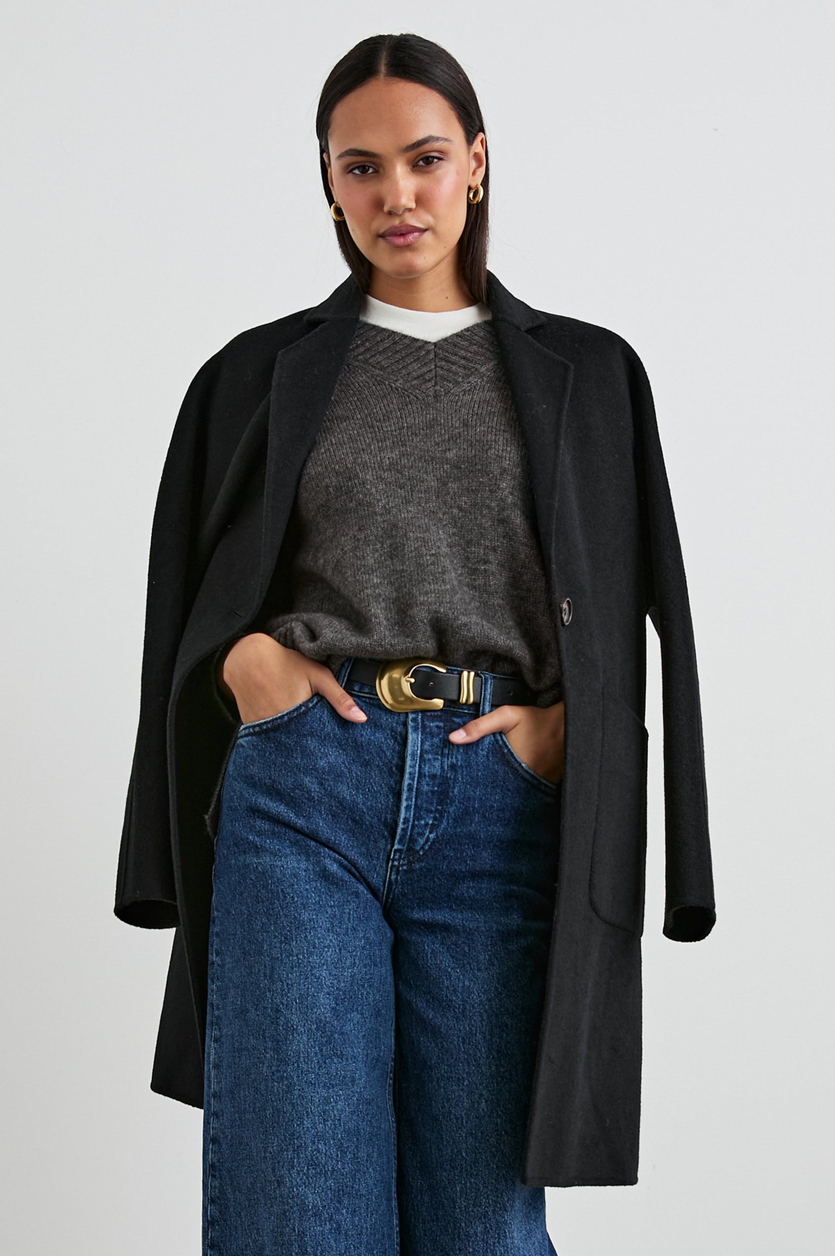 Gisella Long-Sleeve V Neck Sweater with Ribbed Trim and Side Slits in Thunder Colorway - Front View Featured on Model