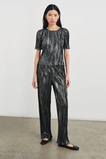 Goldie Short Sleeve Top with a Crew Neck in Gunmetal Colorway, with Thin Vertical Stripes of Back, White and Greys - Front Full Body View Featured on Model