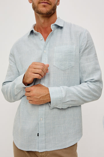 Gracy Button-Up Shirt With Long Sleeves, Collar, and Single Patch Pocket in Bulgur Cream Colorway - Upper Body Close Up Front View Featured on Model