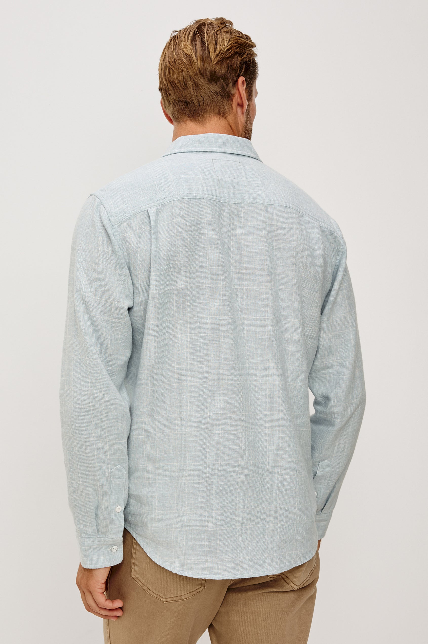 Gracy Button-Up Shirt With Long Sleeves, Collar, and Single Patch Pocket in Bulgur Cream Colorway - Upper Body Back View Featured on Model