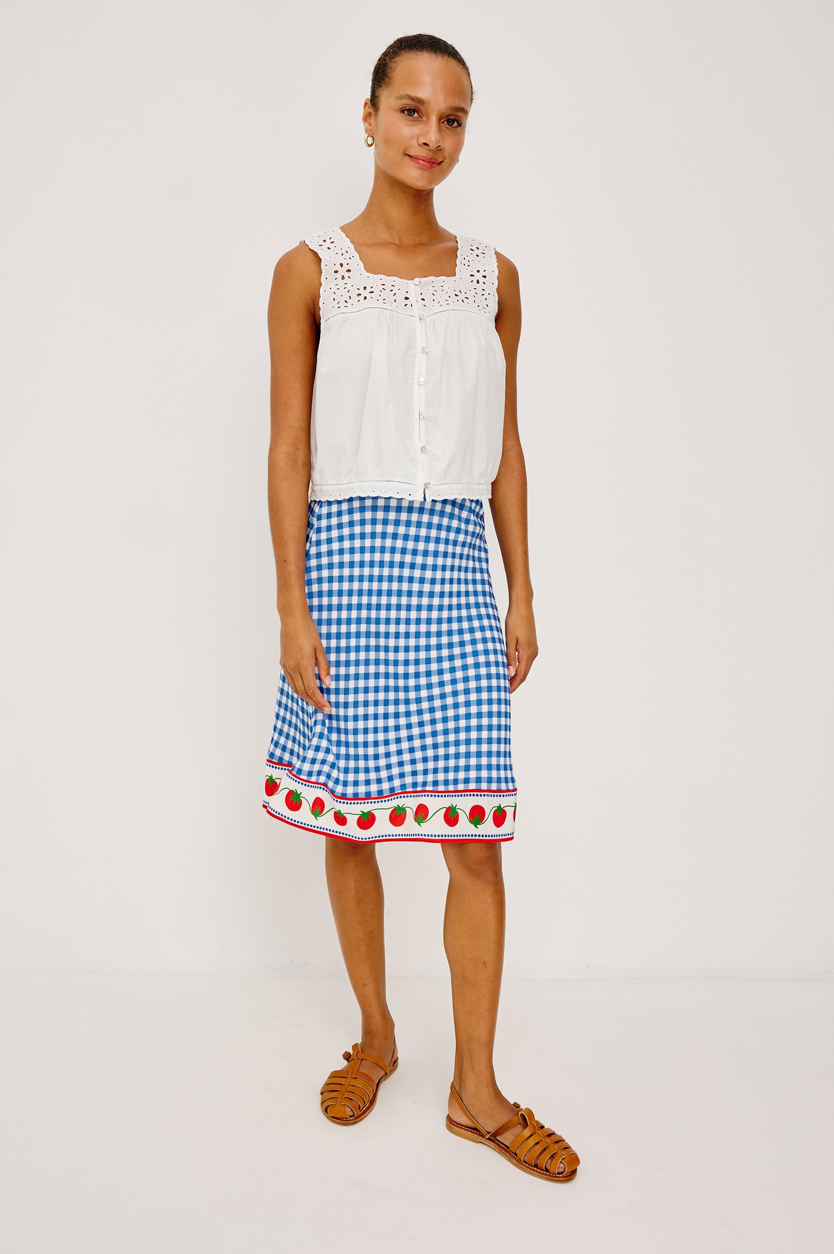 Grazia High-Waisted Midi Skirt in Gingham Tomatoes Colorway - Full Body Front View Featured on Model