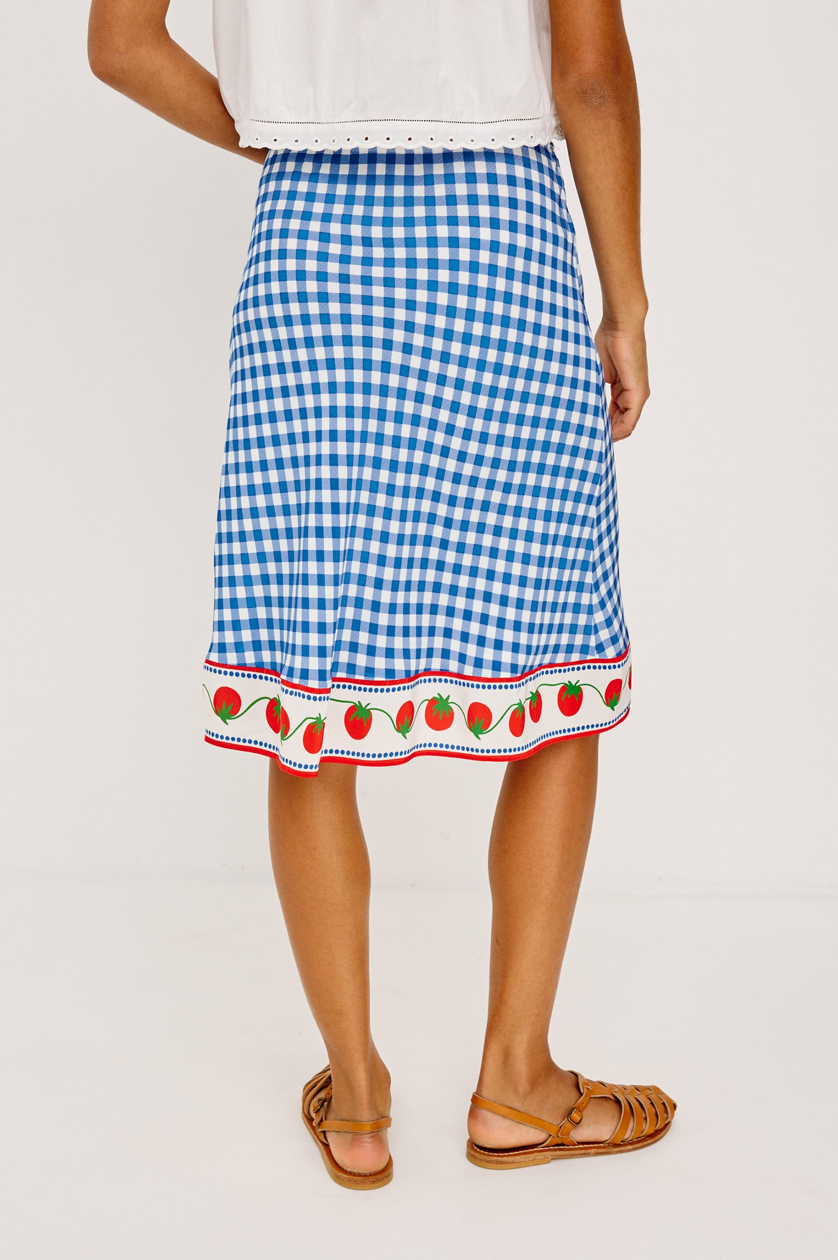 Grazia High-Waisted Midi Skirt in Gingham Tomatoes Colorway - Lower Body Front View Featured on Model