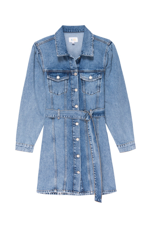 Griffith Long-Sleeve Denim Mini Dress with Buttons Down the Front, a Fabric Double Ring Belt, Two Chest Button Flap Pockets, Frayed Trim and Vertical Seams Down the Front in Indigo Charm Colorway - Front View