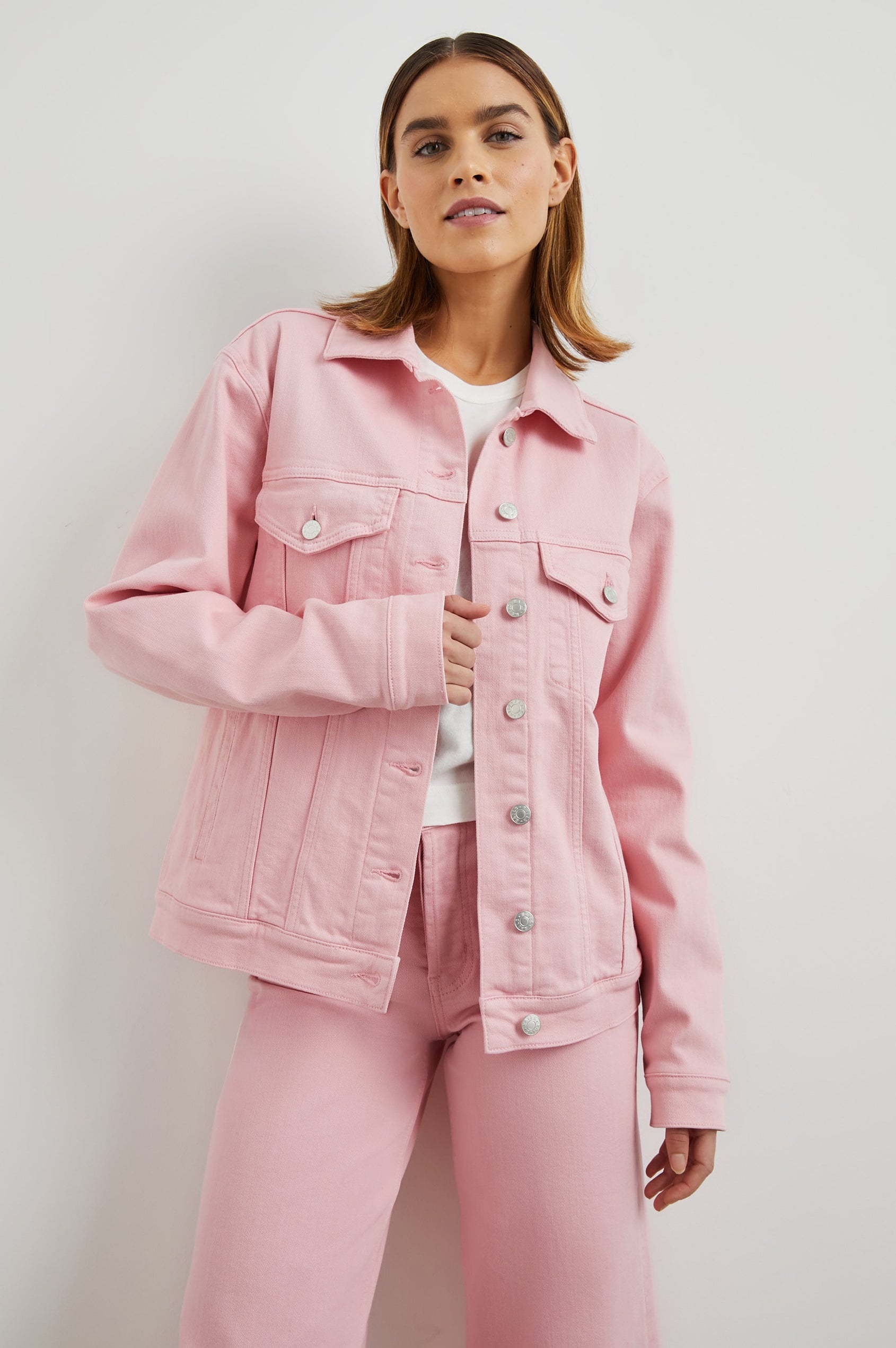 GROVE BOYFRIEND TRUCKER JACKET - BUBBLE GUM - FRONT BODY