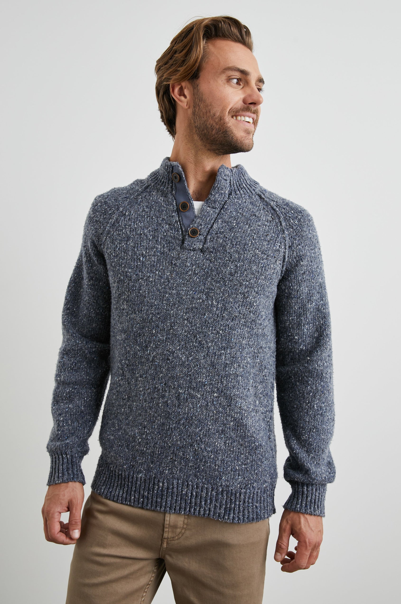 Harding Long-Sleeve Sweater with a Three-Button Half Placket, a Mock Neck and Ribbed Trim in Blue Nep Colorway, a Speckled Blue - Front View Featured on Model