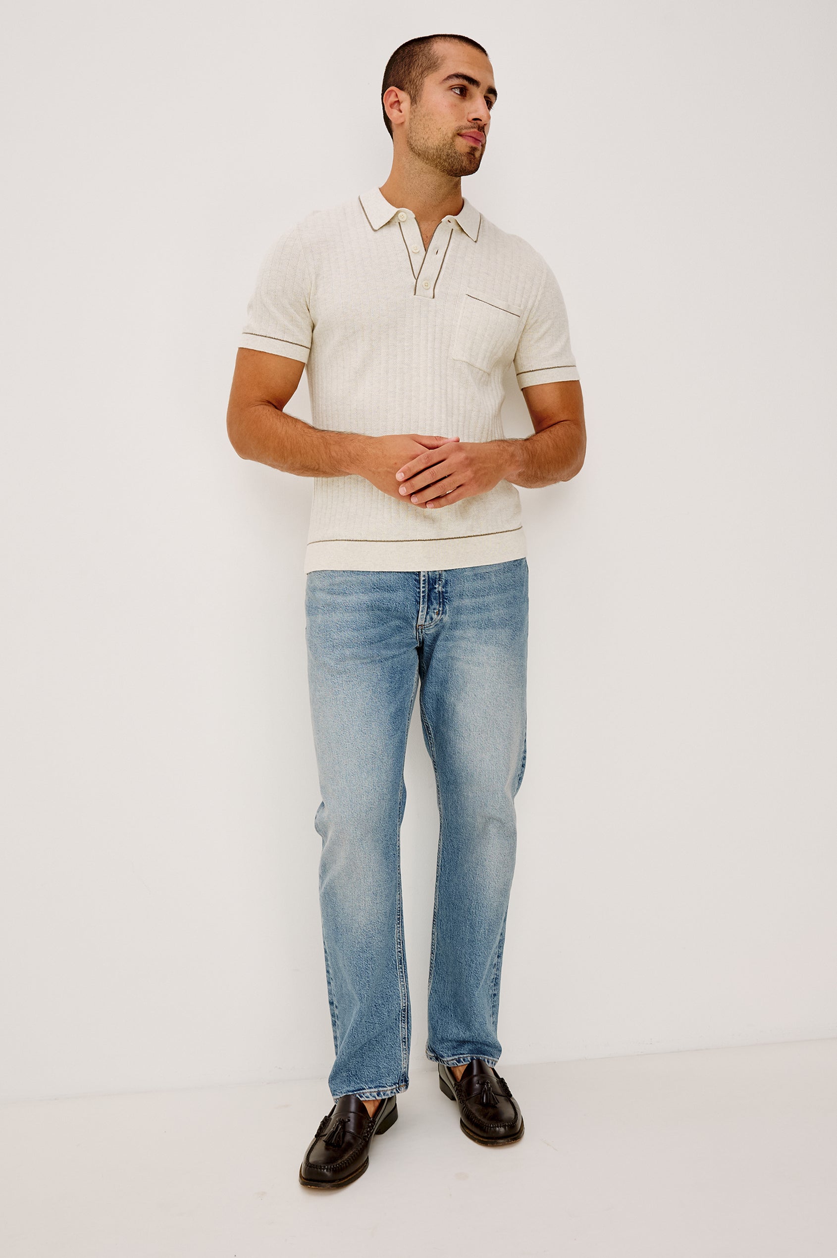 Hardy Polo Shirt in Luxe Cotton Rib Knit With Collar, Half Button Placket, Short Sleeves, and Contrast Trim in Oat Heather Colorway - Full Body Front View Featured on Model