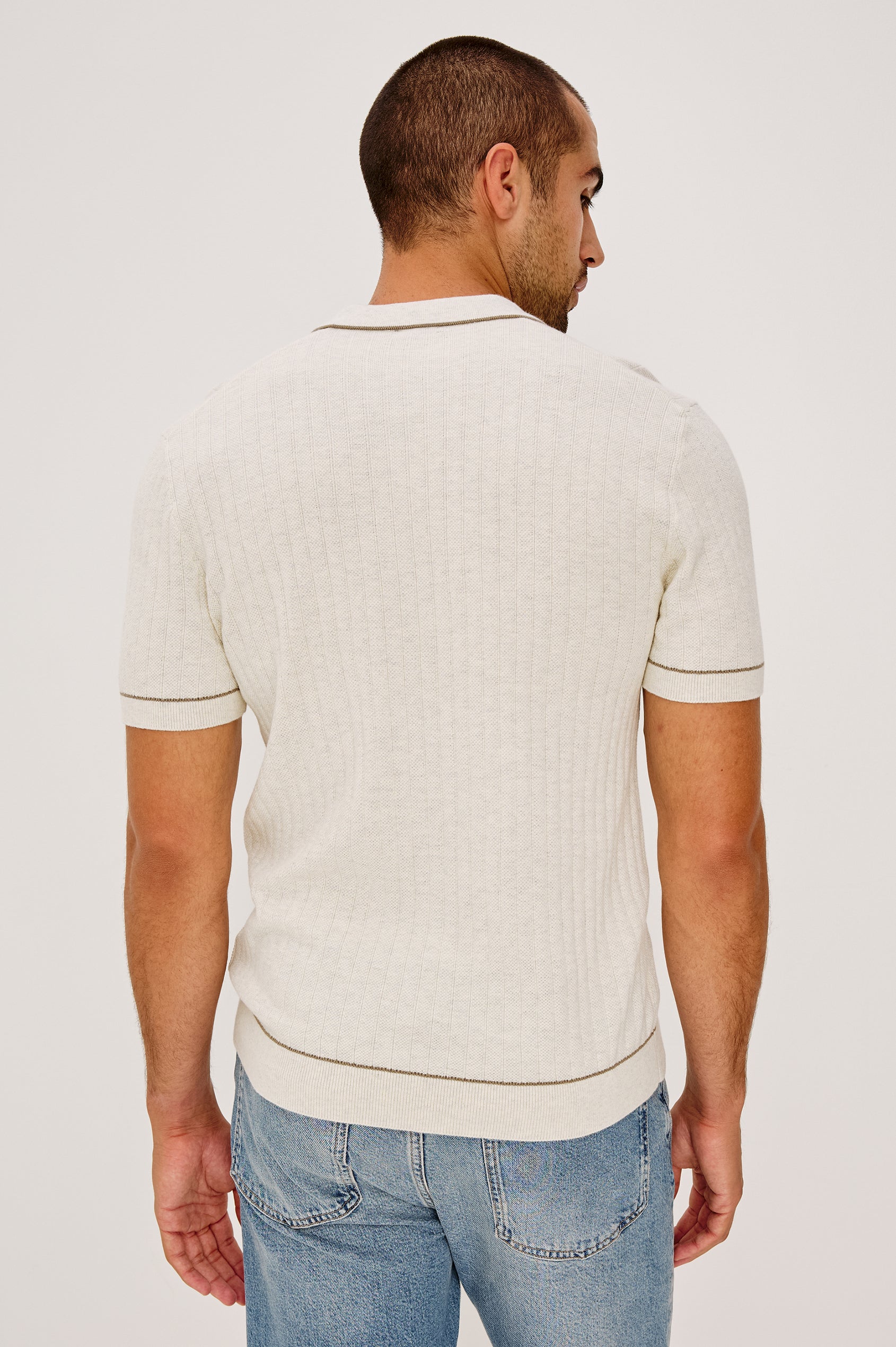 Hardy Polo Shirt in Luxe Cotton Rib Knit With Collar, Half Button Placket, Short Sleeves, and Contrast Trim in Oat Heather Colorway - Upper Body Back View Featured on Model