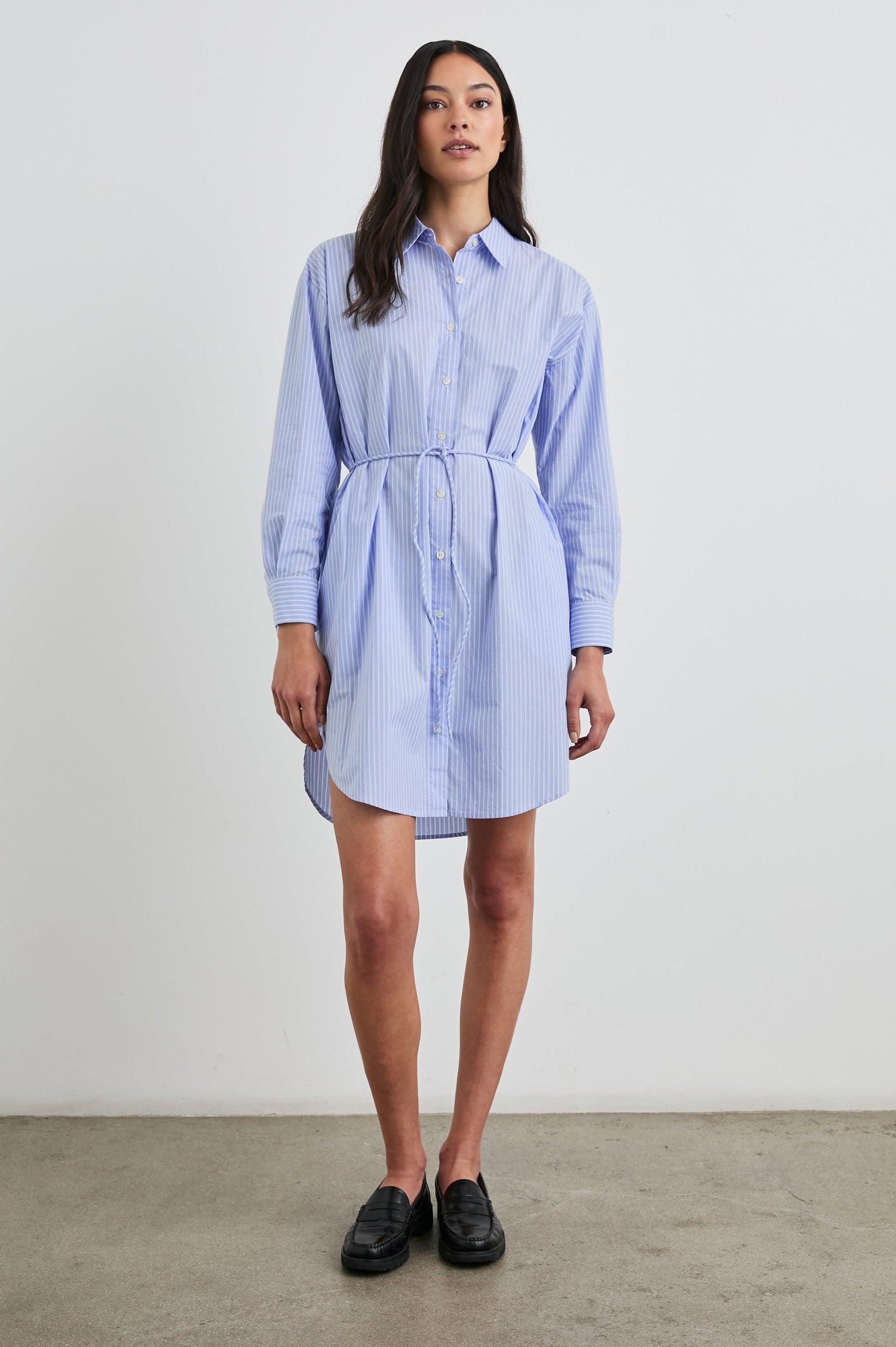 Harmony Long-Sleeve Mini Dress with Buttons Down the Front, Buttoned Cuffs, a Collar, Side Slits and a Tie at the Waist in Oxford White Stripe Colorway, Vertical Blue and White Stripes - Front Full Body View Featured on Model