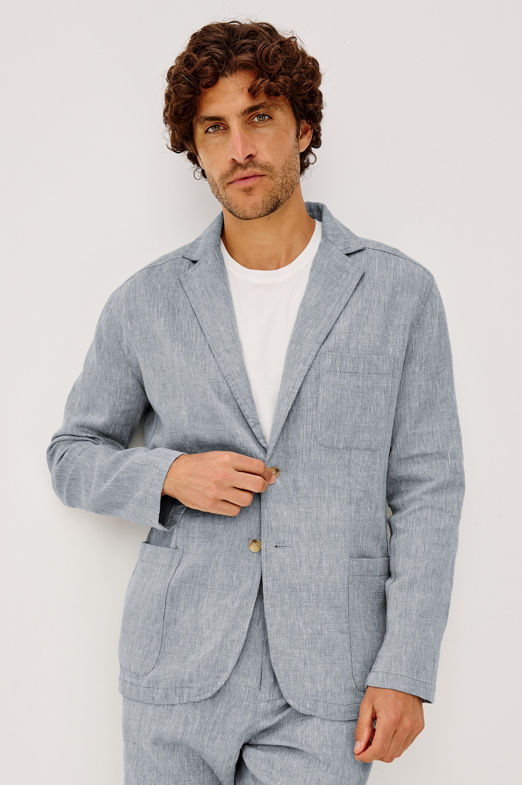 Harris Blazer in Cotton-Linen Blend With Single-Breasted Buttons, Straight Fit, Notched Lapels, and Front Patch Pockets in Bicoastal Blue Colorway - Upper Body Front View Featured on Model