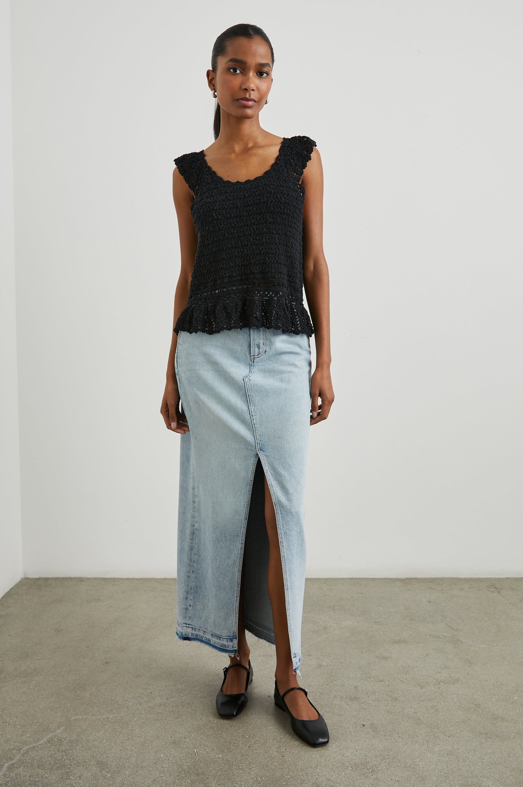 Hattie Crocheted Tank Top with Wide Shoulder Straps, a Scoop Neck and a Crocheted Design at the Hem in Black Colorway - Front Full Body View Featured on Model 