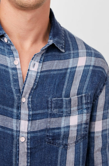 HAVANA INDIGO GLEN PLAID BUTTON DOWN LONG SLEEVE SHIRT- DETAIL